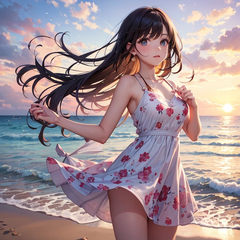 very cute and beautiful girl,(highly detailed beautiful face and eyes),pink camisole,cute ruffle petticoat, (smile:1.2),happy,(looking back,from behind),looking at viewer,(leaning forward),black hair,cowboy shot,detailed legs,beach,tropical resort, (best quality,masterpiece),absurdres,highres,ultra-detailed,extremely detailed,32k,8k resolution, intricate details,cinematic scene,detailed background,solo,dynamic angle, natural lighting,hair fluttering in the wind,beautiful detailed sky,