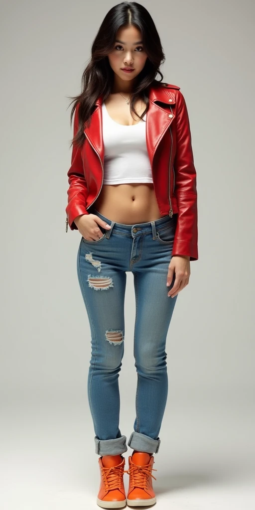 (RAW shooting, Photoreal:1.5, 8k, highest quality, masterpiece, ultra high resolution), perfect dynamic composition:1.2, Highly detailed skin and facial textures:1.2,beautiful and aesthetic:1.2, standing:2, full body:2, shoes:1.2, necklace:2, Fair skin, (large breast:1.4, Chest gap:1.4),(earrings,ring,1girl, tall, long legs, makeup:1.2, single braid, perfect thigh:1.4, red top:2,tank top:2,sleeveless:1.2,,red pants:2, skinny jeans, belt:1.2),(simple background:1),