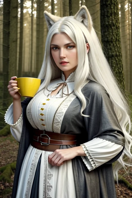  masterpiece ,  semi-human wolf , mature woman of 38 years,  long white hair , white wolf ears ,  yellow-eyed,  thin lips with small fangs ,  round face, natural breasts ( bust 81 cup A Bom 32A ),  waist 60 cm , hips 86 cm, natural butt , fuzzy wolf tail ,height 1,70 m,  58 kg ,  wearing the clothes of an adventurer from the medieval world,  more distinctive traditional clothing , serious appearance, mas distinta,  magic forest setting , Hobbit-style cabin background .