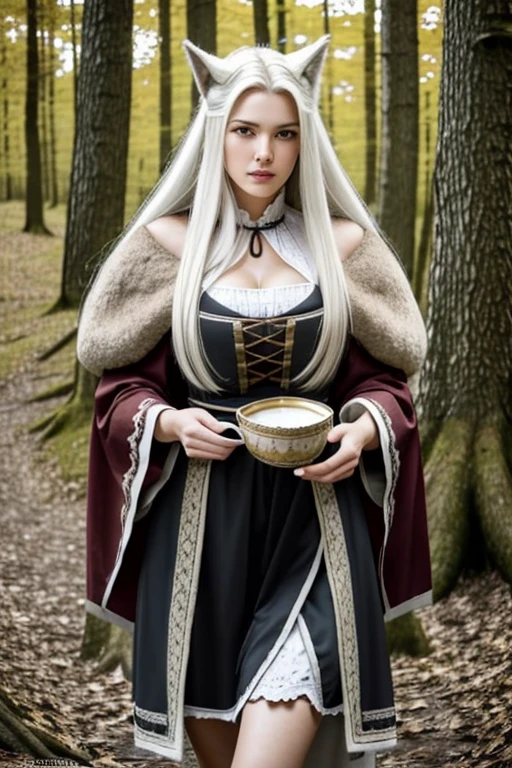  masterpiece ,  semi-human wolf , mature woman of 38 years,  long white hair , white wolf ears ,  yellow-eyed,  thin lips with small fangs ,  round face, natural breasts ( bust 81 cup A Bom 32A ),  waist 60 cm , hips 86 cm, natural butt , fuzzy wolf tail ,height 1,70 m,  58 kg ,  wearing the clothes of an adventurer from the medieval world,  more distinctive traditional clothing , serious appearance, mas distinta,  magic forest setting , Hobbit-style cabin background .