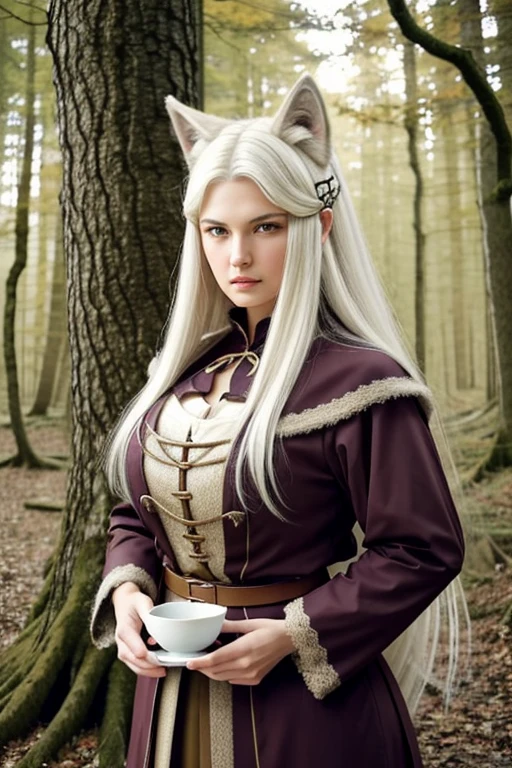  masterpiece ,  semi-human wolf , mature woman of 38 years,  long white hair , white wolf ears ,  yellow-eyed,  thin lips with small fangs ,  round face, natural breasts ( bust 81 cup A Bom 32A ),  waist 60 cm , hips 86 cm, natural butt , fuzzy wolf tail ,height 1,70 m,  58 kg ,  wearing the clothes of an adventurer from the medieval world,  more distinctive traditional clothing , serious appearance, mas distinta,  magic forest setting , Hobbit-style cabin background .