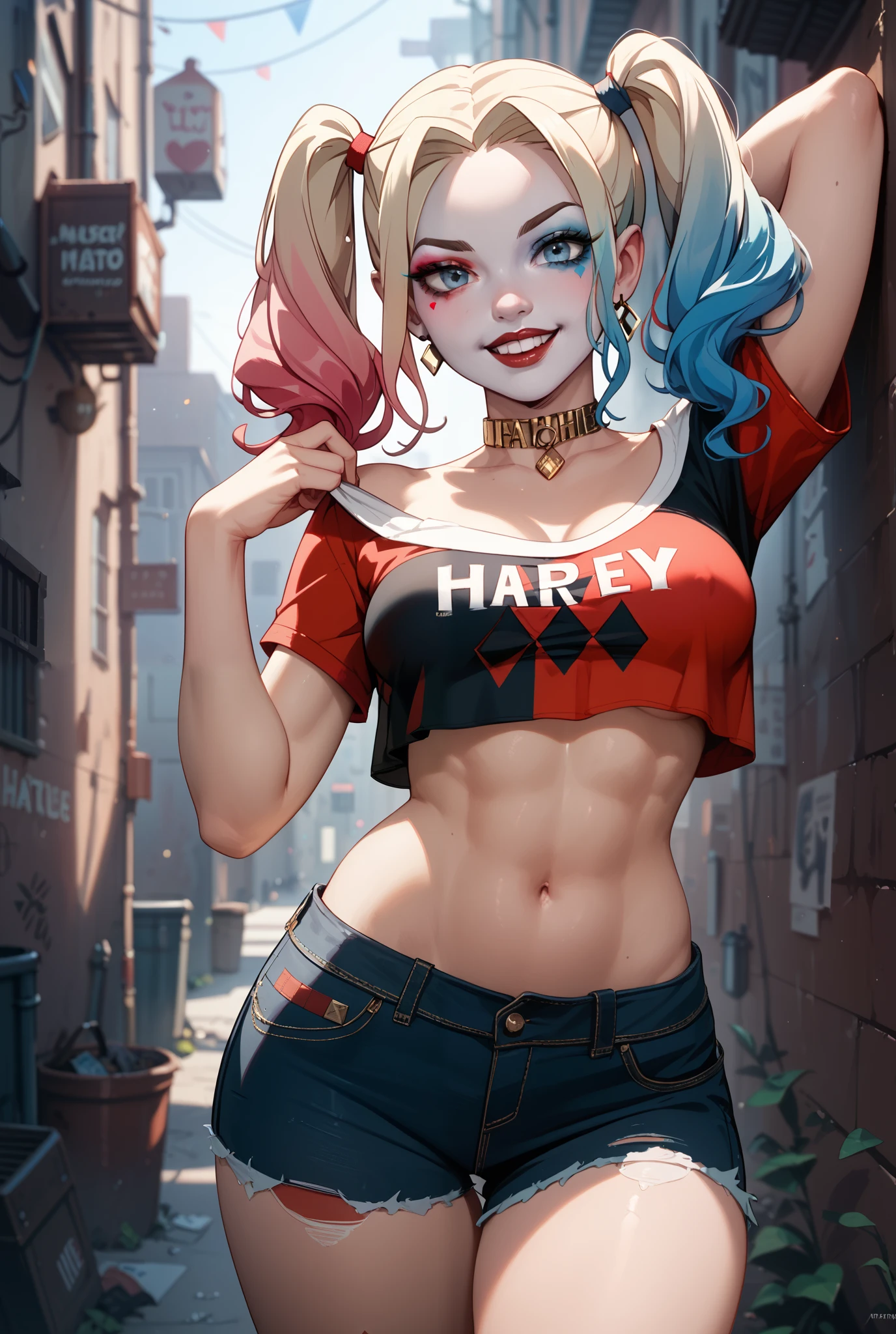 Harley Quinn, face paint, beautiful face, young girl face, bluish grey eyes, slim s athletic body, toned abs, small breasts A cup, toned thighs, cameltoe, big round ass, Harley Quinn outfit, head to toe, circus show in background, cartoon art style