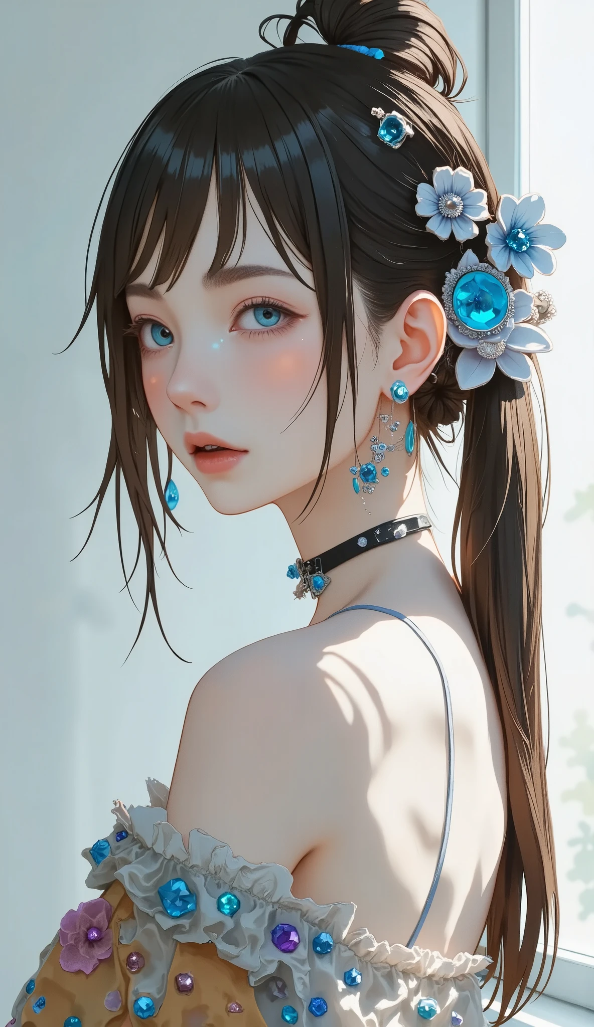  hair ornament 、 earrings for women with first name、 Tattoo 、Goth_punk,  1 girl, Alone,、 top quality ,  realistic ,  Super Delicate Illustration ,  BEAUTIFUL ATTRACTIVE ANIME GIRLS, Miku Hatsune,  slender body,  knotted hair,  One Girl ,  pictures of girls ,   full body shot  ,  beautiful blue eyes, I looked back,ear nipple ring、 hair ornament 、gem、Miku Hatsune、