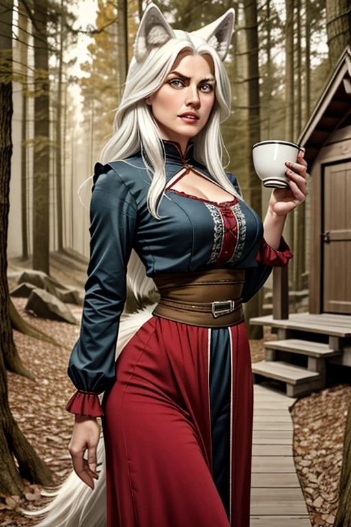  masterpiece ,  semi-human wolf , mature woman of 38 years,  long white hair , white wolf ears ,  yellow-eyed,  thin lips with small fangs ,  round face, natural breasts ( bust 81 cup A Bom 32A ),  waist 60 cm , hips 86 cm, natural butt , fuzzy wolf tail ,height 1,70 m,  58 kg ,  wearing the clothes of an adventurer from the medieval world,  more distinctive traditional clothing , serious appearance, mas distinta,  magic forest setting , Hobbit-style cabin background .