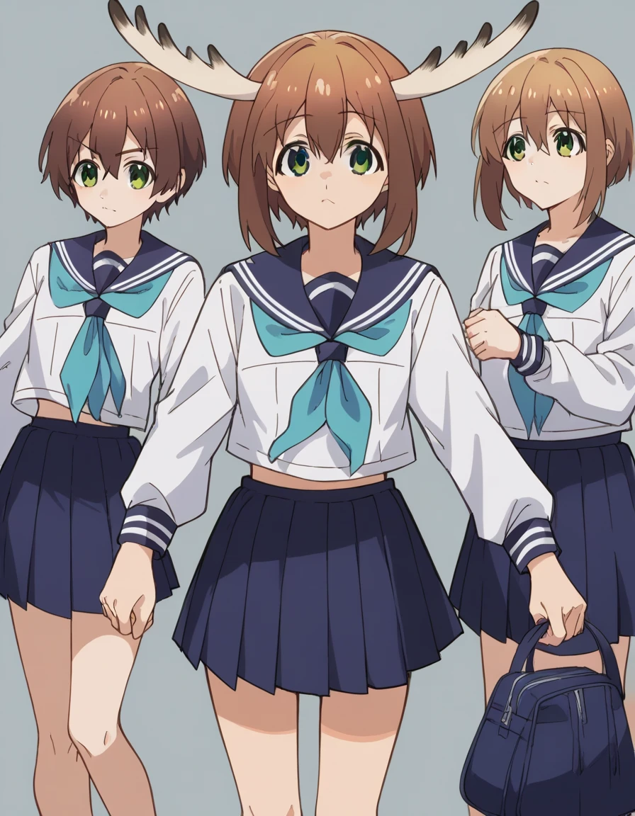 score_9, score_8_ up, score_7_ up,  source_Anime, Fawn Shikanoko ,  short hair, bangs, Brown Hair, hair between eyes,  green eyes, horn,,  skirt,  shirt,  Long Sleeve ,  school uniform, white  shirt, pleated  skirt, Sera Clothing,   sailor color , blue  skirt,  neckerchief , blue   sailor color ,naniga,School Background