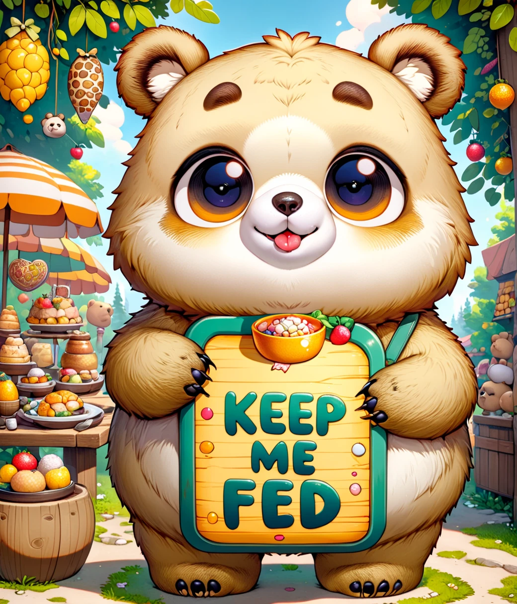 (cute, chubby, anthro, male, bear cub), DonMK33pM3F3dXL text "Keep me fed", hires textures, highly detailed, intricate details, best quality, masterpiece