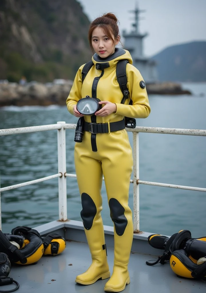 A documentary photo, Photo-realistic, ultra-realistic, (Japanese beautiful young woman, famous Japanese idol, boyish cool face:1.3), wetlook rubberish yellow clothes,, she is a military diver of Japan navy, experienced military diver, wearing a professional wetsuits for military diver with professional scuba equipment, She is on a shlre, She is preparing to scuba dive for a lifesaving mission, there is a large battle ship behind her,, Natural Makeup, boyish face ,Front View:1.21, Perfect Anatomy:1.21, Small head:1.21, Slender body:1.37, Narrow waist:1.5, Thin limbs:1.5, Flat Chest:1.5, Anatomically correct limbs, Diving Suits drysuits (high smooth turtleneck collar), Fully equipped for diving, Very cute Japanese woman, Brown Hair, Chignon Hair, woman holds oval scuba mask, Calm sea in qinter, Dynamic and emotional movie lighting, 