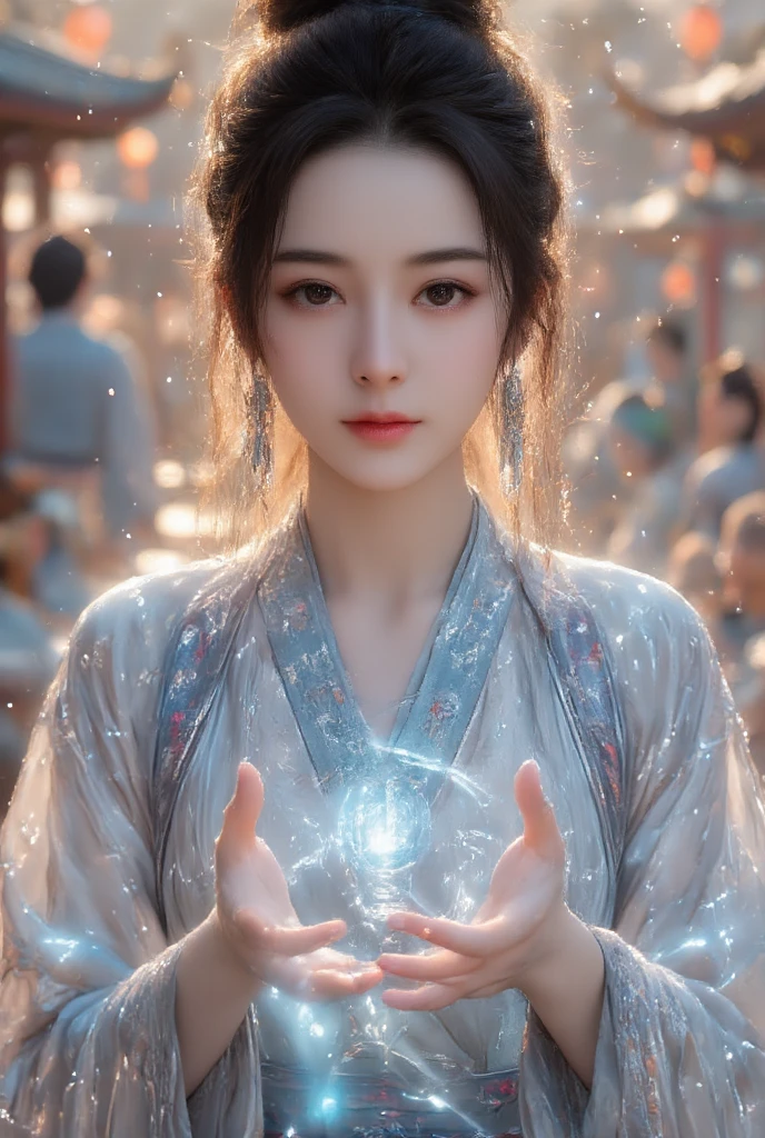 Masterpiece, full body, random angle view, photography, 
"Japanese beautiful young woman, white pale skin",very long hair elaborate updo black, wearing modern dress glowing light of energy, spelling from the orb ,to spell epic powerful magic at battlefield, 