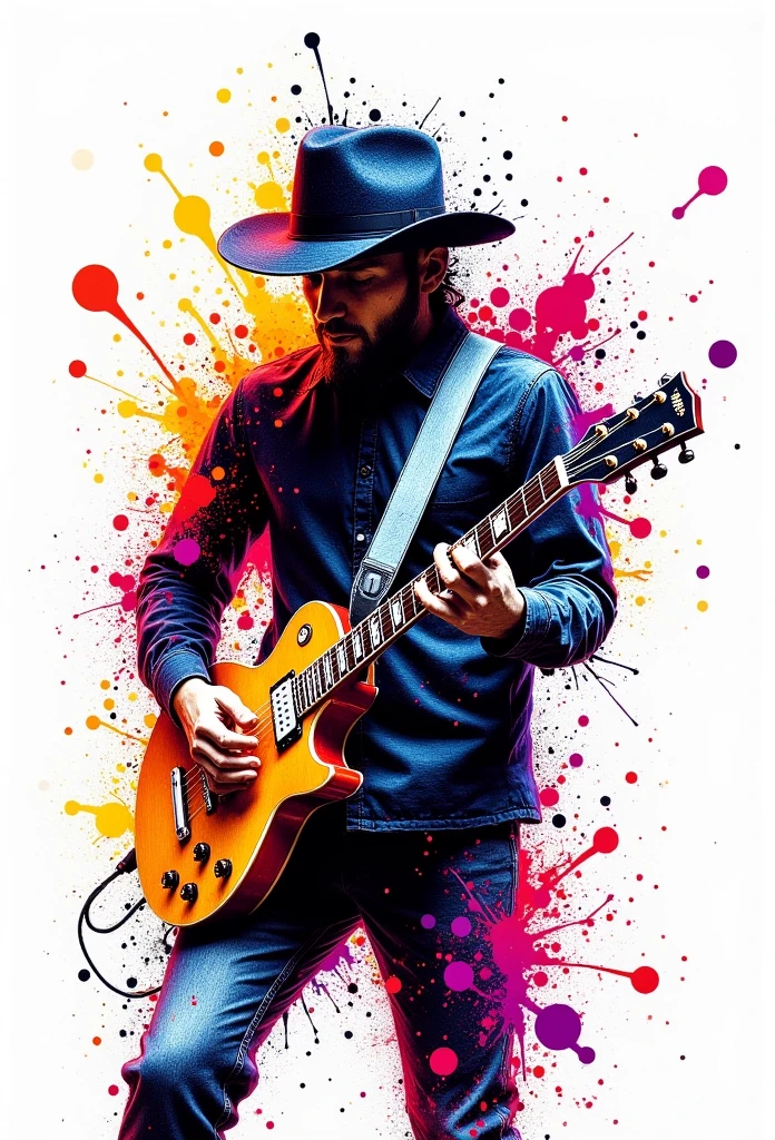 ink splats, Dynamic ink splats painting of a musician playing a guitar, with bold ink splashes exploding in sync with the music, creating a kaleidoscope of colors and abstract shapes around him, capturing the rhythm and energy of the performance