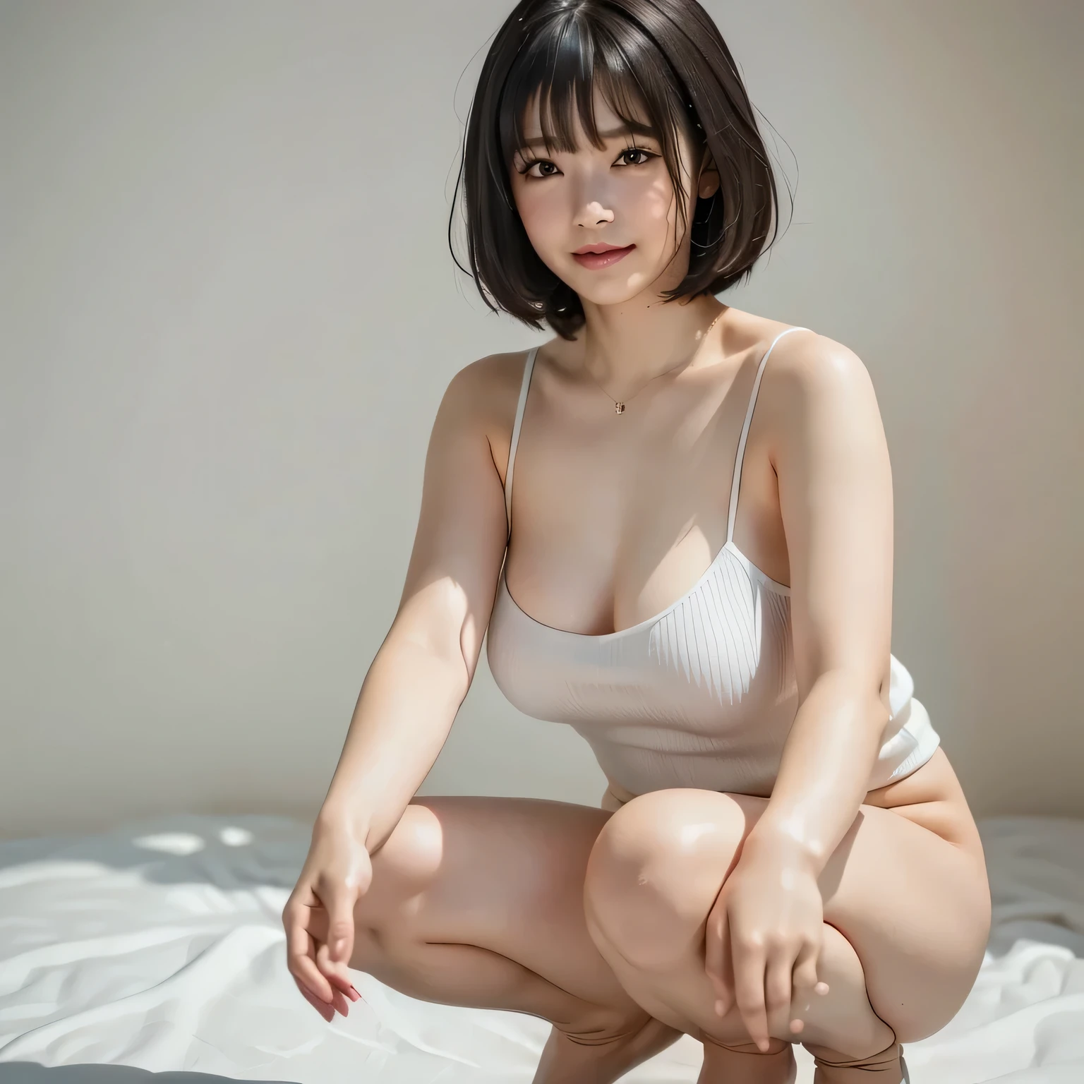 {{{{ cinematic lighting}},,( top quality :1.4),(masterpiece:1.4),( realistic :1.4),( realistic :1.2),(超 high definition , RAW photo:1.4),( high definition , super detailed :1.2),(masterpiece),{{{ straight black hair }}},{{bangs}}},{hime cut},{{{ short hair:1.6}}}}, { top quality },, break, {{{ 1 girl:１８age：smile},{{ large double eyelids}}::{{ teardrop bags:1.3}}：{{ false eyelashes:1.8}}：{{ mascara:1.6}},, { full body, naked, },{{ wearing a white ribbed camisole}},,{{ Medium brown chest }},{a bit,Chubby:1.6}}:｛ squats、Knees down :1.8]｝, {{{( White background : 1.3)}}}