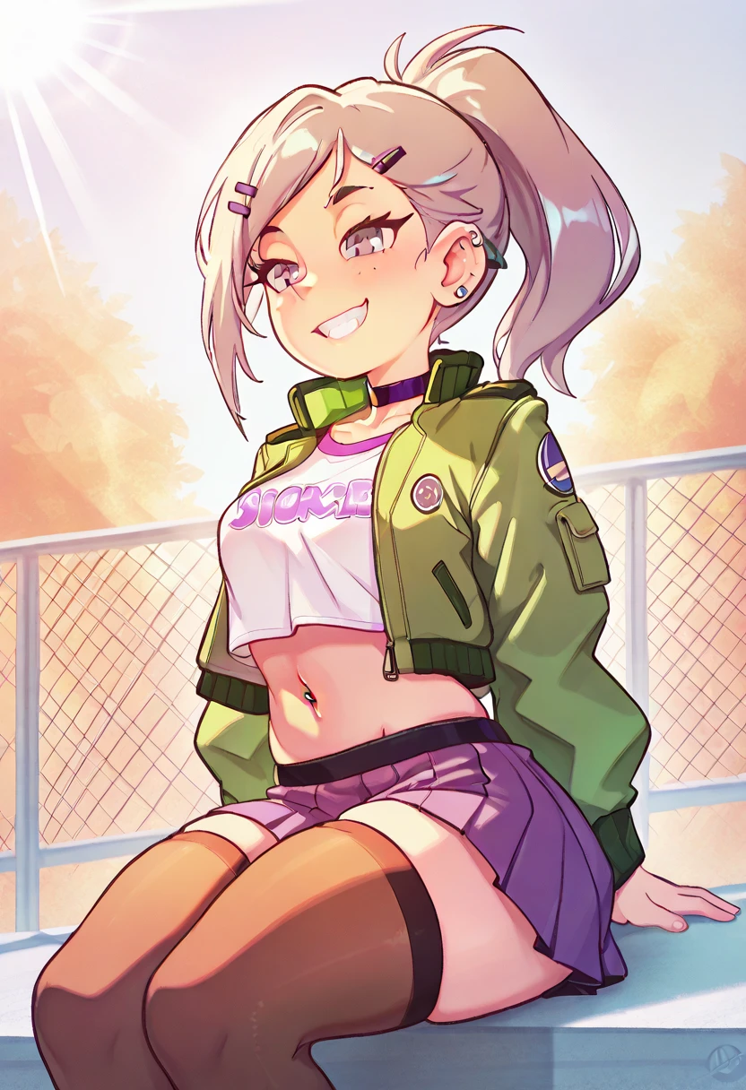 (masterpiece, best quality, 4k),outside,sunlight,sitting, sportkhth, thighhighs,1girl, frankiefoster,ponytail, choker, hairclip, hair ornament, shirt, green jacket, piercing, midriff, skirt,grin,thick thighs