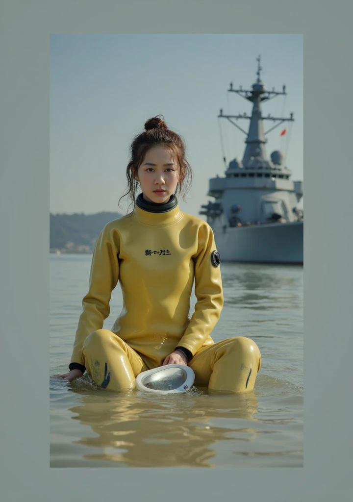 A documentary photo, Photo-realistic, ultra-realistic, (Japanese beautiful young woman, famous Japanese idol, boyish cool face:1.3), wetlook rubberish yellow clothes,, she is a military diver of Japan navy, experienced military diver, wearing a professional wetsuits for military diver with professional scuba equipment, She is on a shlre, She is preparing to scuba dive for a lifesaving mission, there is a large battle ship behind her,, Natural Makeup, boyish face ,Front View:1.21, Perfect Anatomy:1.21, Small head:1.21, Slender body:1.37, Narrow waist:1.5, Thin limbs:1.5, Flat Chest:1.5, Anatomically correct limbs, Diving Suits drysuits (high smooth turtleneck collar), Fully equipped for diving, Very cute Japanese woman, Brown Hair, Chignon Hair, woman holds oval scuba mask, Calm sea in qinter, Dynamic and emotional movie lighting, 