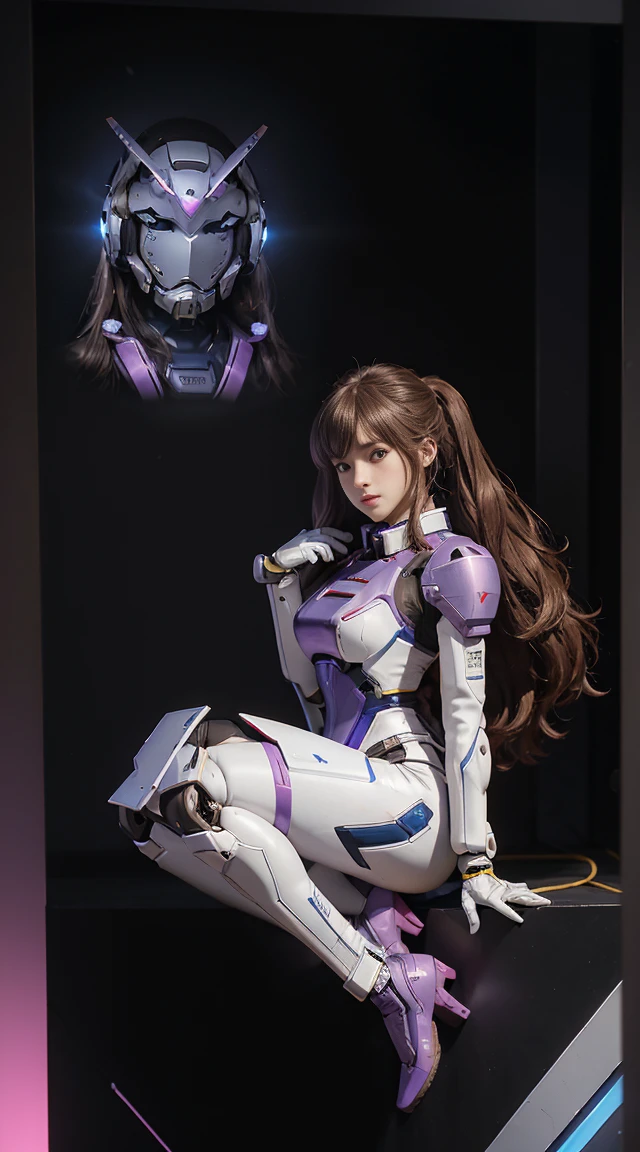RAW, Masterpiece, Ultra Fine Photo,, Best Quality, Ultra High Resolution, Photorealistic, Sunlight, Full Body Portrait, Stunningly Beautiful,, Dynamic Poses, Delicate Face, Vibrant Eyes, (Side View) a close up of a woman in a pink and white gundam custume, dybamic pose, Short brown very very long hair rapunzel, girl in mecha cyber armor, portrait armored astronaut girl, d. va from overwatch, female mecha, on a gundam, gundam head, chiho aoshima color scheme, mobile suit, streamlined purple armor, fully robotic!! girl, realistic cosplay, gundam armor (dynamic pose) (best cameraview)