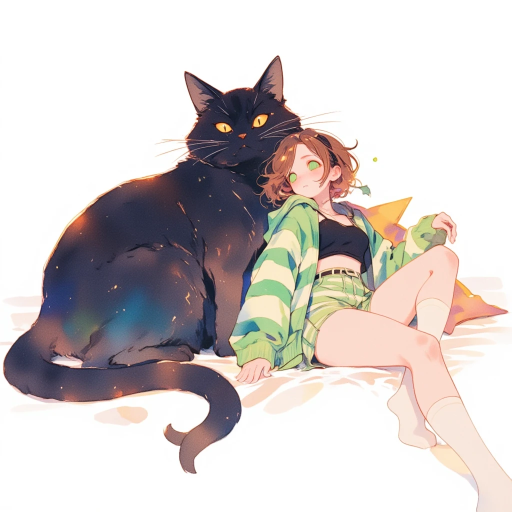 Watercolor painting illustration, full body, A cute-young-lady is sleeping with a big-black-cat\(sitting sphinx posture\), A big-black-cat is 1cat\(A fat furry male black cat, His Ears tilted back and spread out to the sides, drooping ears, Slit yellow eyes, slit eyes, slit yellow eyes\), A cute-young-lady is 1lady\(brown hair, asymmetrical hair, Lime Green eyes, A light green horizontal striped open-front hoodie over a black camisole, Light green striped shorts, White knee high socks\), simple white background