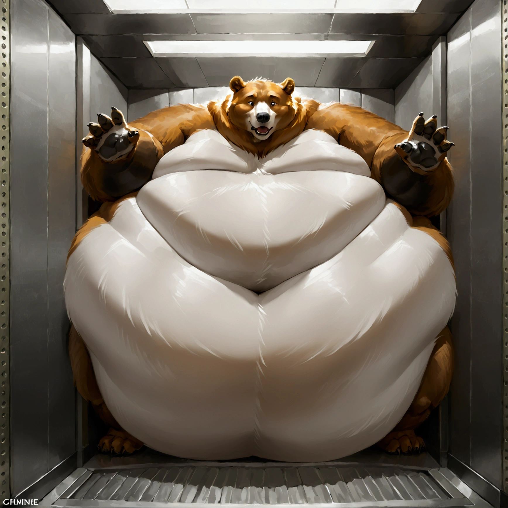 Very Extremely Morbidly-Obese Grizzly Bear with unbelievably Very very very Extremely Massive Overhang white Belly, Stuck inside a small elevator. The bear's enormous belly pushes against all sides of the elevator walls, bulging tightly, leaving no space to move. The elevator doors are blocked by its immense form, and the bear's expression shows strain and confusion in the cramped, confined space. 