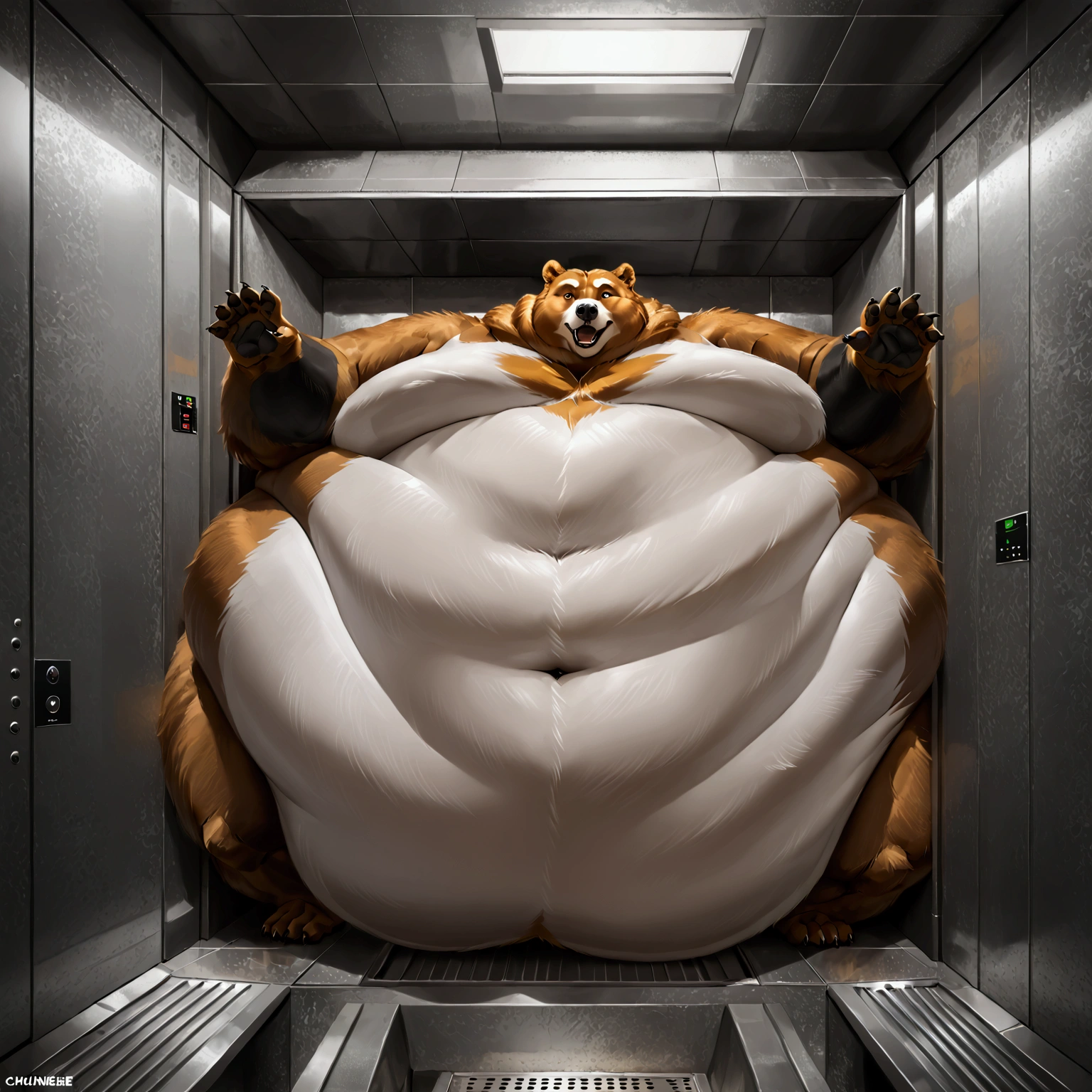 Very Extremely Morbidly-Obese Grizzly Bear with unbelievably Very very very Extremely Massive Overhang white Belly, Stuck inside a small elevator. The bear's enormous belly pushes against all sides of the elevator walls, bulging tightly, leaving no space to move. The elevator doors are blocked by its immense form, and the bear's expression shows strain and confusion in the cramped, confined space. 