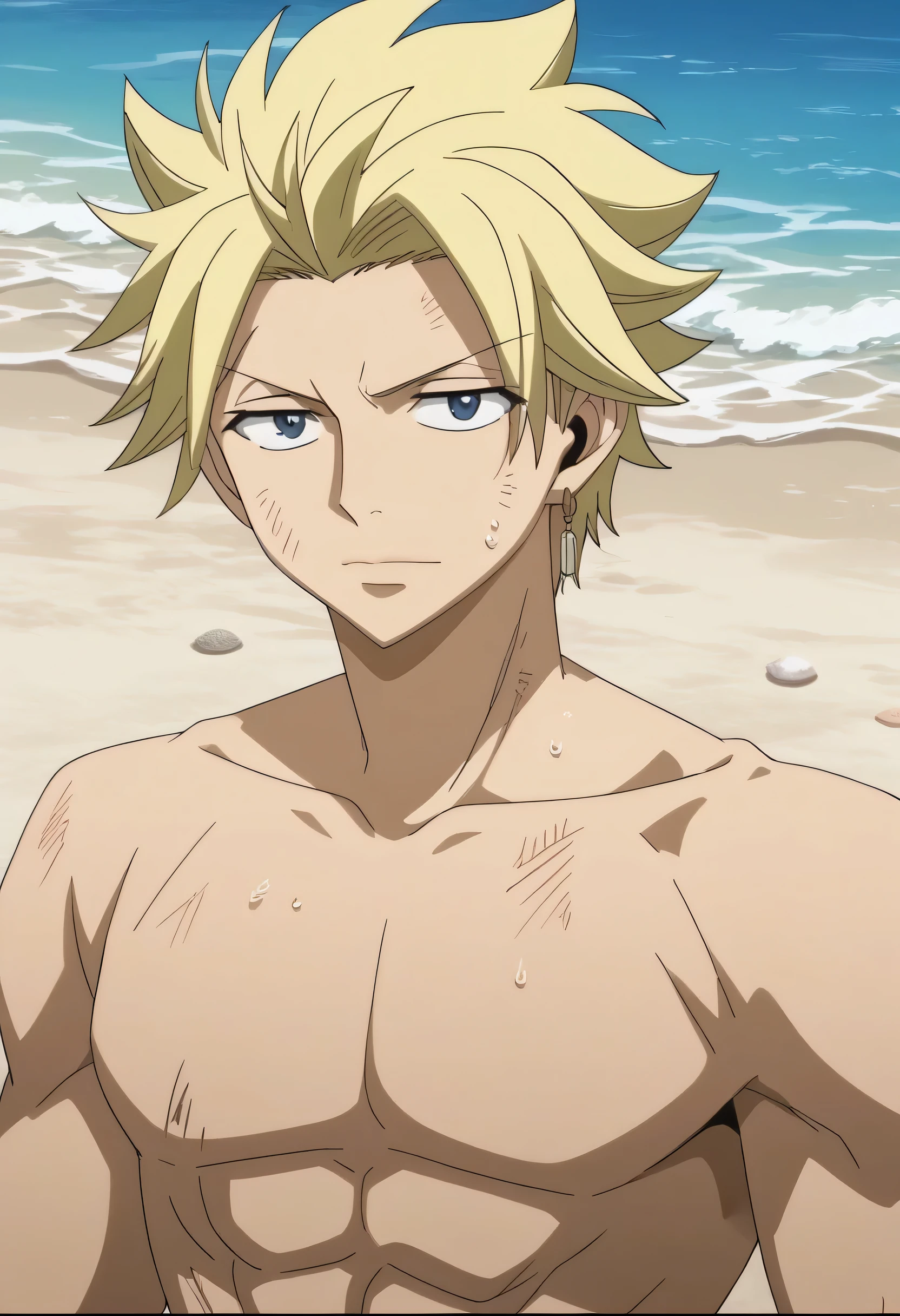 score_9, score_8_up, score_7_up, source_anime, rating_safe, StingFT, Sting blonde hair, 1boy, male focus, anime screencap, blue men's swimsuit on the beach, naked chest