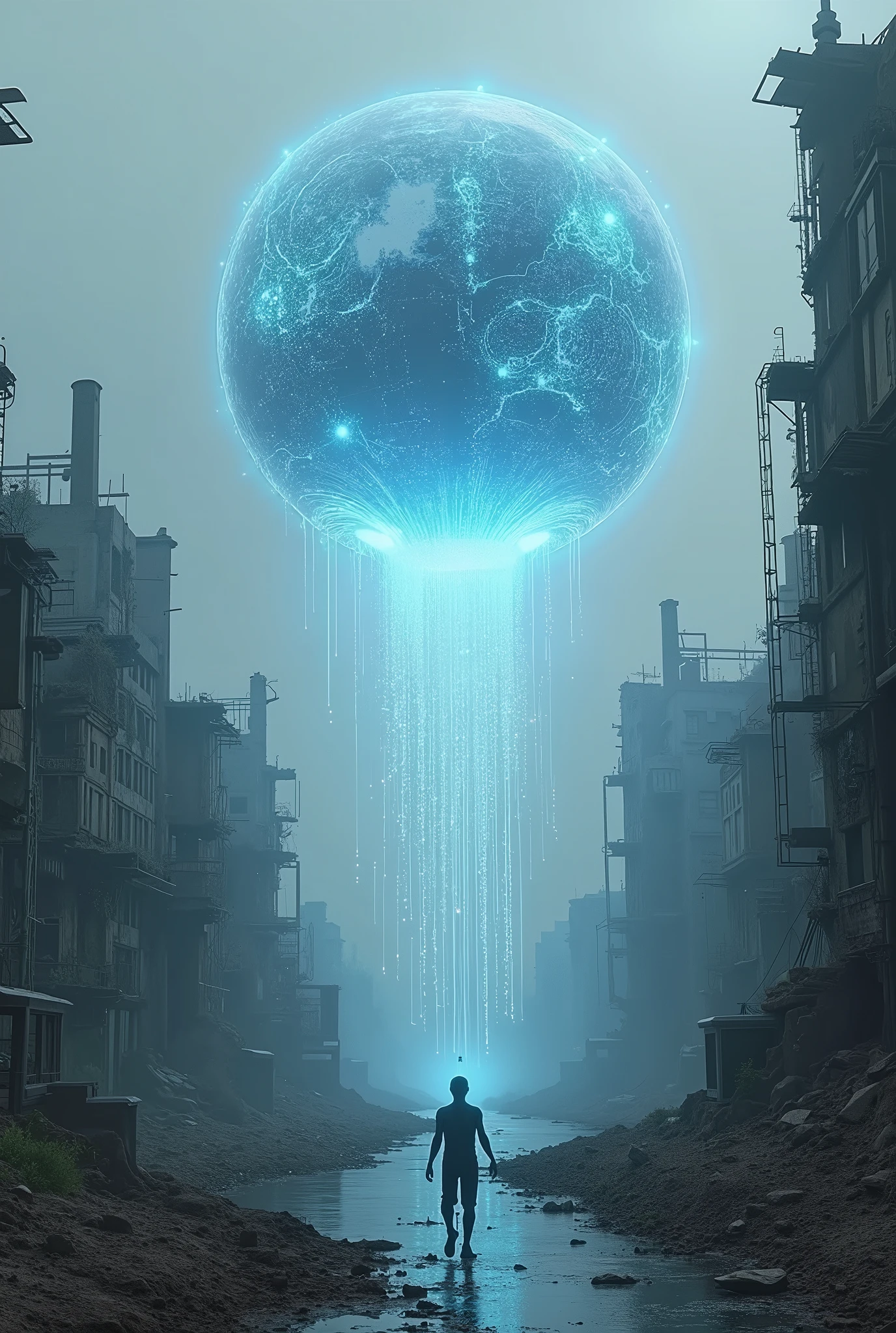 " A ruined post-apocalyptic city :  destroyed buildings ,  dust-covered streets ,  rusty cars and a gray atmosphere full of melancholy . The sky,  sphere ,  begins to light up with an inexplicable light that projects fractal patterns on the clouds .  A gigantic, translucent sphere appears floating in the stratosphere ,  radiating brilliant blue energy ."

"From the dark and turbulent ,  luminous particles similar to nanobots descend like a slow but constant rain .  By touching the surfaces of the city ,  these particles regenerate everything to their original state , but with a futuristic aesthetic:  buildings reconstructed with a biomechanical design ,  trees that grow in seconds with That shine dimly ,  and dry rivers that recover a flow of crystalline water .  Everything happens in slow motion to capture the visual impact of the transformation ."

" The camera zooms into the sphere ,  revealing that inside it there is a holographic replica of Earth in constant evolution ,  as if it were a living laboratory .  Just when the city is completely restored ,  a humanoid hologram appears in the sky ,  with hypnotic details on its face  ( bright eyes ,  fractal patterns on your skin ).  This being speaks in several languages ,  with a clear message :  'We have repaired what you destroyed .  Now it depends on you .'"

"The camera moves away quickly ,  showing that the giant sphere is just one of dozens orbiting other planets in the solar system,  insinuating a galactic effort .  The video ends with the phrase projected in the sky :  'The future is here .  What will you do with it ?',  while an artificial aurora borealis envelops the planet ."

" Hyperrealistic rendering with detailed textures ,  dynamic lighting and cinematic camera movements .  Transitions from destruction to regeneration with impressive visual effects .  Epic background music with electronic tones and dramatic choruses ."