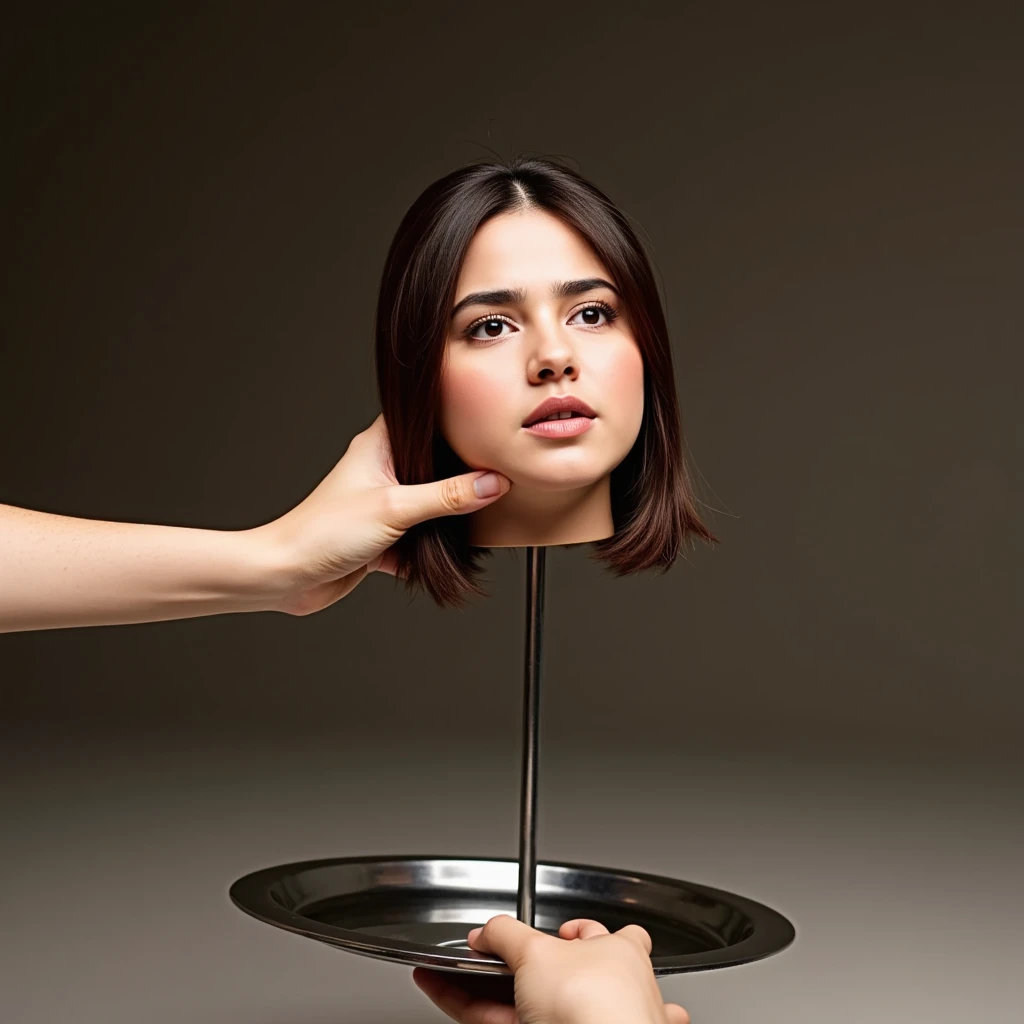 A beautiful young american woman's disembodied head is standing on a silver tray. We se the head in back view. She is tilting her head back. She has beautiful straight thick smooth silky brunette bob hair in a tight thick half ponytail. Two hands are strangling her neck in front of her. She is looking straight, eyes up. The woman's face showing fear. Her eyes are wide opened, her mouth is opened. Her tongue sticking out of her mouth.