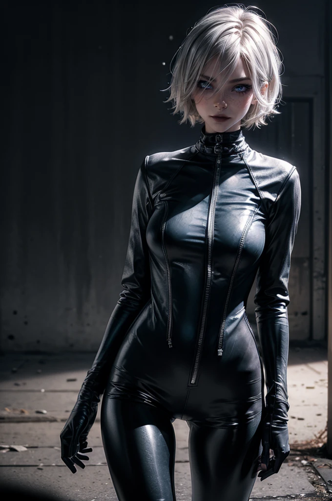close-up, Hyperrealist portrait of female, fantasy art, photo realistic, dynamic lighting, artstation, poster, volumetric lighting, very detailed faces, 4 k, award winning,, 1girl, in the dark, deep shadow, low key,cowboy shot,(official clothing:1.4) ,long hair, white hair, white-grey hair, hair flowing, short hair and large pale green eyes, showing strength and stability, gothic black armor, inside the prison, highly detailed realistic skin texture, standing proud. sharp eyes that reflect caution and alertness. background shows the cold prison walls and empty halls, The light filtering in from small windows cast shadows on the cold floor,., cleavage exposed, medium breasts, superior quality, many details, Pure focus Sharp and realistic