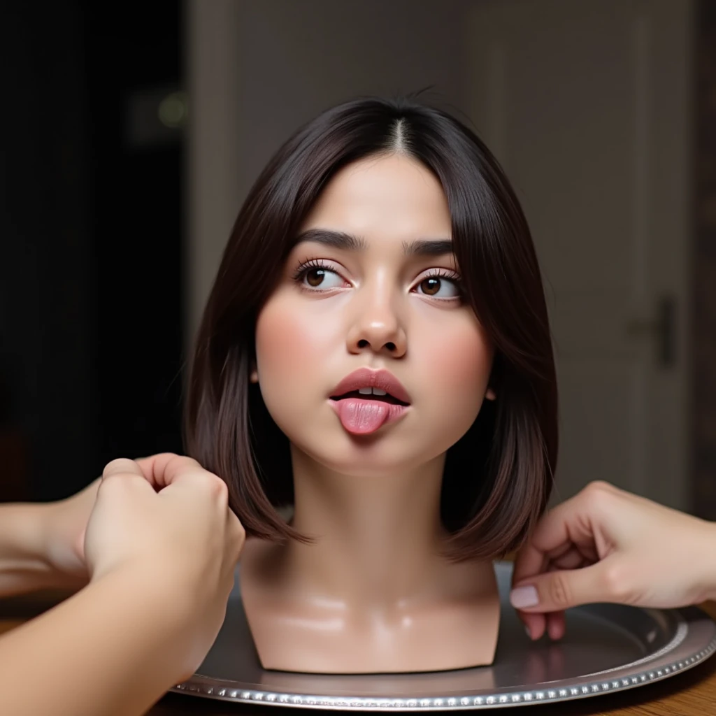 A beautiful young american woman's disembodied head is standing on a silver tray. We se the head in back view. She is tilting her head back. She has beautiful straight thick smooth silky brunette bob hair in a tight thick half ponytail. Two hands are strangling her neck in front of her. She is looking straight, eyes up. The woman's face showing fear. Her eyes are wide opened, her mouth is opened. Her tongue sticking out of her mouth.