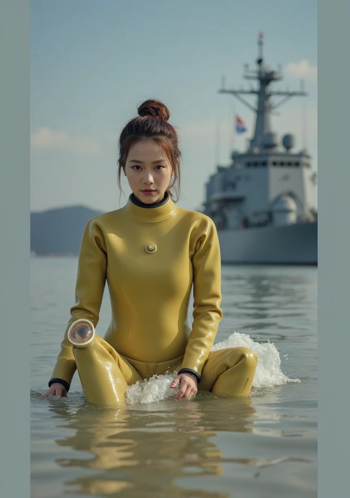 A documentary photo, Photo-realistic, ultra-realistic, (Japanese beautiful young woman, famous Japanese idol, boyish cool face:1.3), wetlook rubberish yellow clothes,, she is a military diver of Japan navy, experienced military diver, wearing a professional wetsuits for military diver with professional scuba equipment, She is on a shlre, She is preparing to scuba dive for a lifesaving mission, there is a large battle ship behind her,, Natural Makeup, boyish face ,Front View:1.21, Perfect Anatomy:1.21, Small head:1.21, Slender body:1.37, Narrow waist:1.5, Thin limbs:1.5, Flat Chest:1.5, Anatomically correct limbs, Diving Suits drysuits (high smooth turtleneck collar), Fully equipped for diving, Very cute Japanese woman, Brown Hair, Chignon Hair, woman holds oval scuba mask, Calm sea in qinter, Dynamic and emotional movie lighting, 