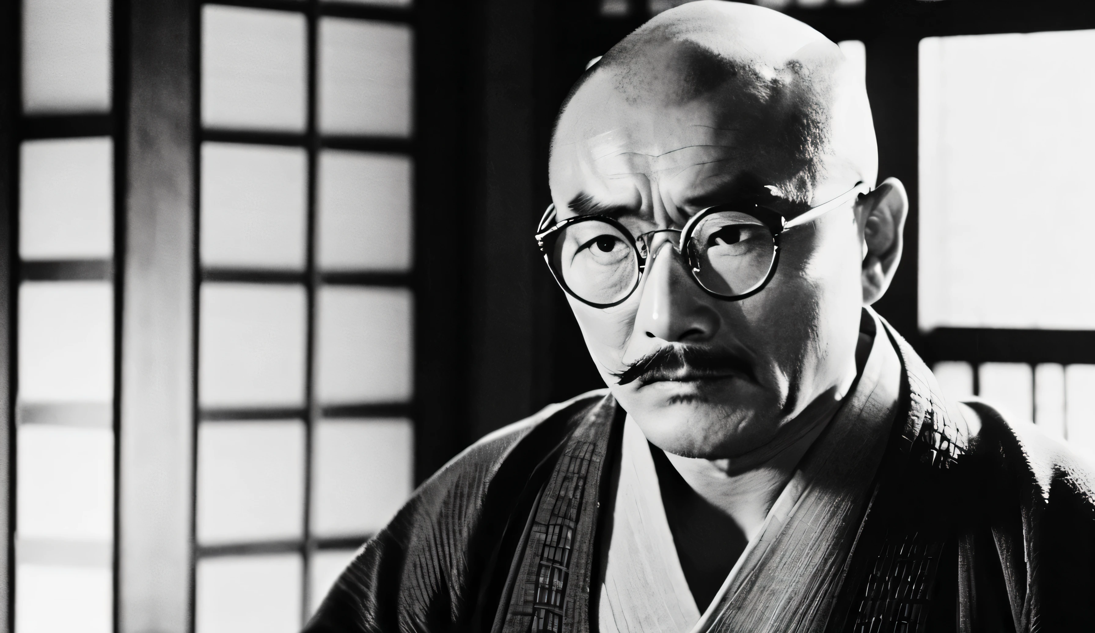 A samurai man, Bald, Antique glasses, large mustache. Samurai Bald e de óculos em posição de guarda. Old Japanese black and white movie scene, Movie Akira Kurosawa  .