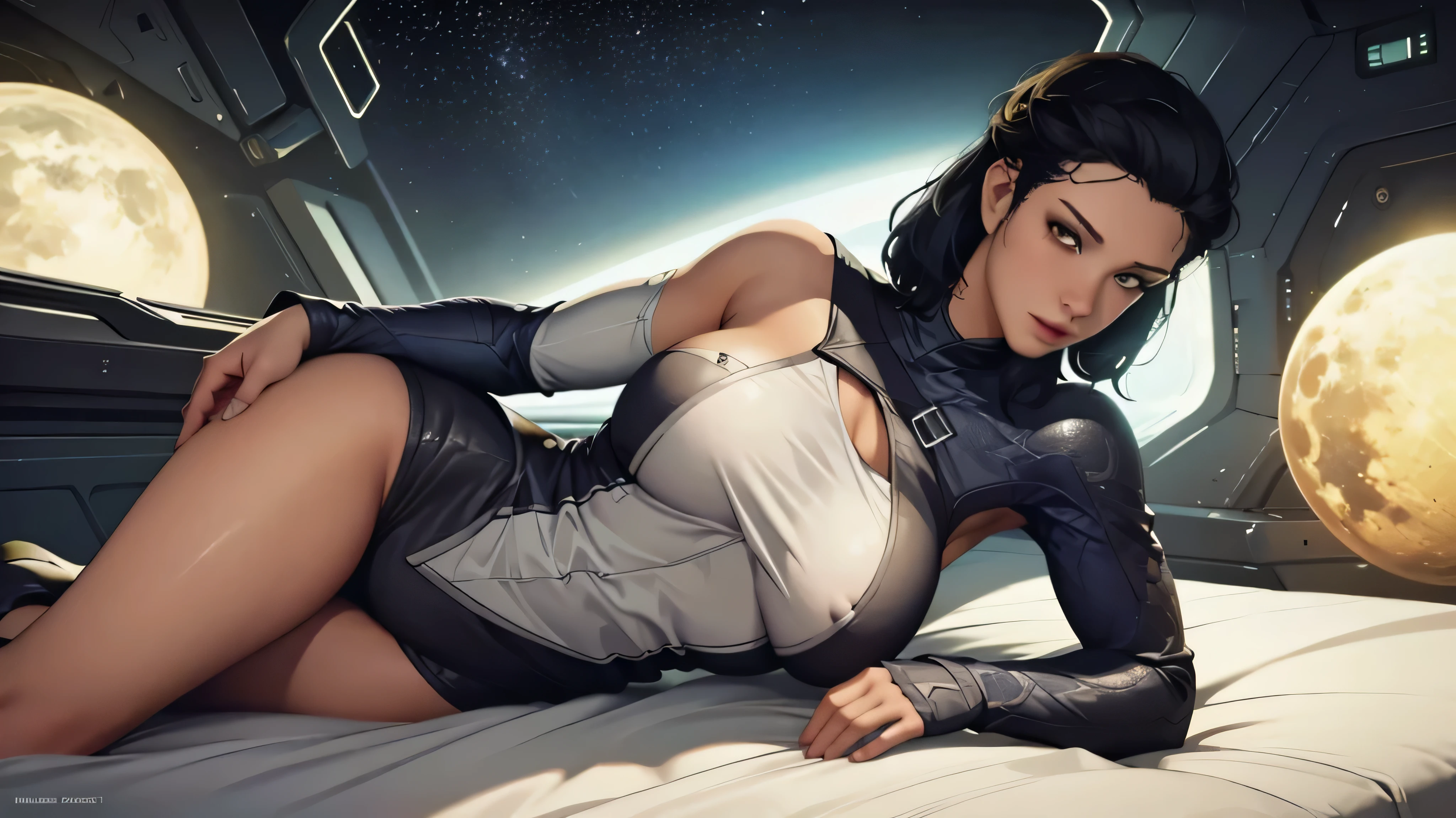 Planet with rings in the background, Women in spaceship(realisti:1.1), (photo-realistic:1.1), slim muscular body, saggy boobs, enormous boobs, on bed, Detailed, Rendering, Epic, Andreja from starfield, very tan, eastern european, black hair, Ambient lighting, very seductive pose, intricated, Sharp focus, soft-lighting, bright colors (NSFW:0.8)