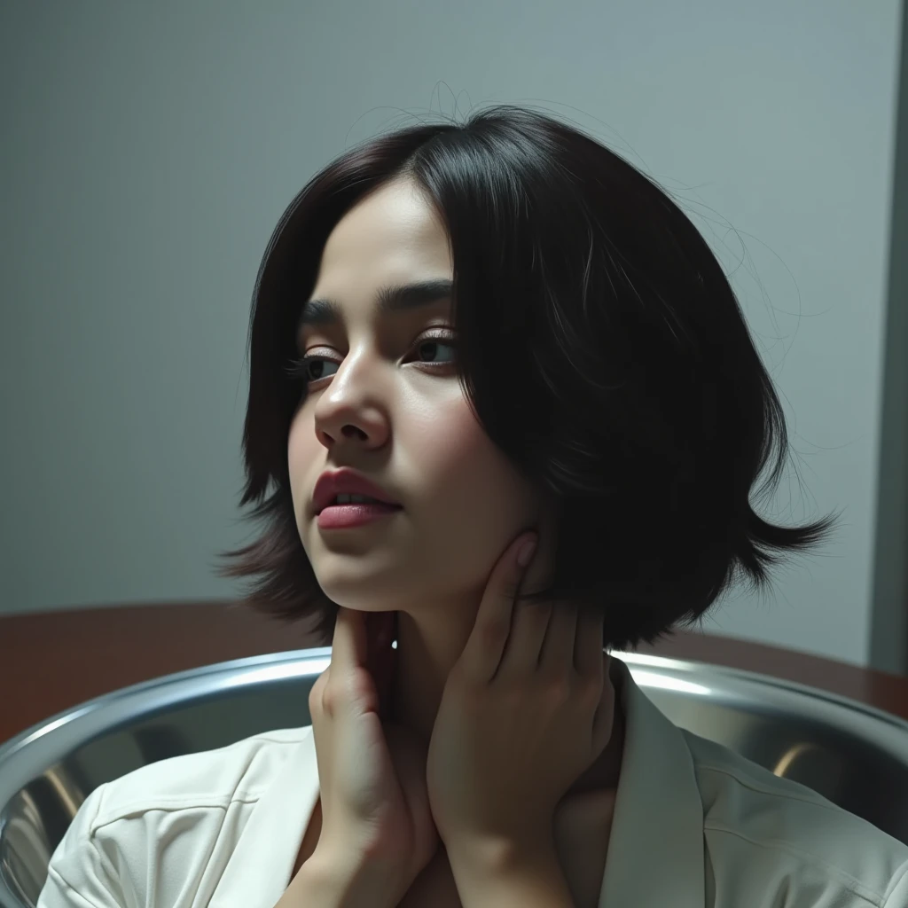 A beautiful young american woman's disembodied head is standing on a silver tray. We se the head in back view. She is tilting her head back. She has beautiful straight thick smooth silky brunette bob hair. Two hands are strangling her neck in front of her.