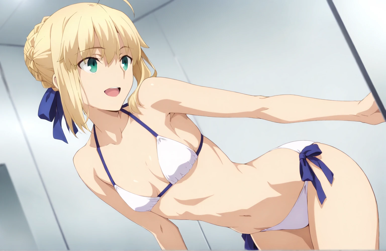 Best_quality, masterpiece, highres, detailed, detailed_background, ray_tracing_graphic, solo, adult_female, {saber_fatestaynightufotable:1.15}, blonde_hair, French_bread, little_ahoge, detailed_green_eyes, blue_ribbon, 1girl, anime_coloring, detailed_face, cool_face, five_fingers, blush, large_breasts, white_bikini, blue_straps, latex_shorts, from_the_top, lying, bed, dark_room, night_time, looking_at_viewer, oily_skin, sixpack_abs, detailed_skin, detailed_texture