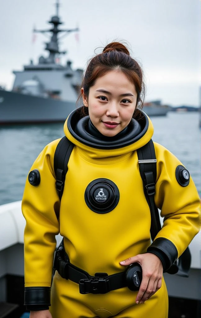 A documentary photo, Photo-realistic, ultra-realistic, (Japanese beautiful young woman, famous Japanese idol, boyish cool face:1.3), wetlook rubberish yellow clothes,, she is a military diver of Japan navy, experienced military diver, wearing a professional wetsuits for military diver with professional scuba equipment, She is on a shlre, She is preparing to scuba dive for a lifesaving mission, there is a large battle ship behind her,, Natural Makeup, boyish face ,Front View:1.21, Perfect Anatomy:1.21, Small head:1.21, Slender body:1.37, Narrow waist:1.5, Thin limbs:1.5, Flat Chest:1.5, Anatomically correct limbs, Diving Suits drysuits (high smooth turtleneck collar), Fully equipped for diving, Very cute Japanese woman, Brown Hair, Chignon Hair, woman holds oval scuba mask, Calm sea in qinter, Dynamic and emotional movie lighting, 