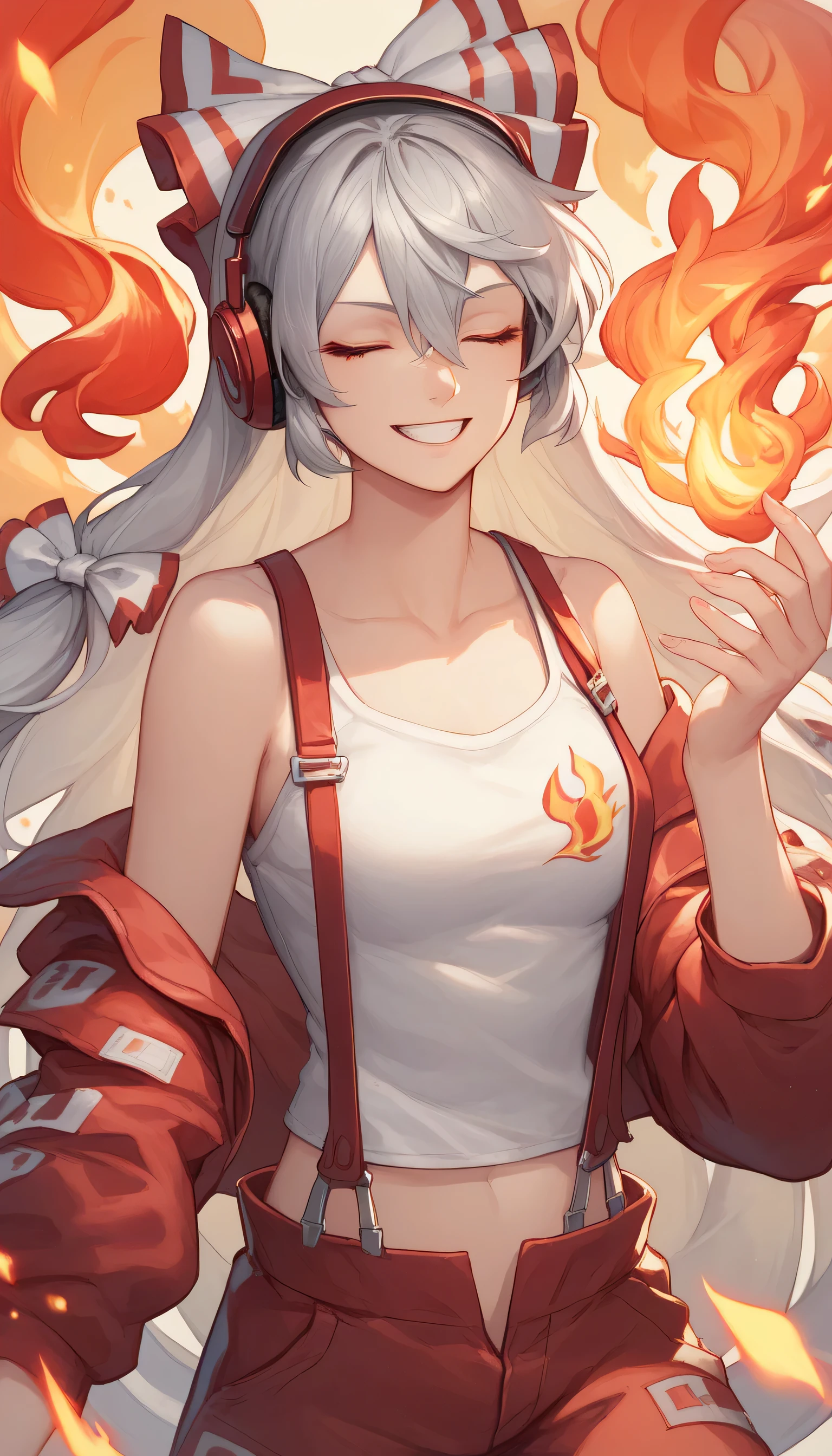 1girl, solo, closed_eyes, headphones, tada_riina, , , , , tank_top, smile, jacket, clothes_writing, upper_body, , off_shoulder, midriff, bare_shoulders, Flames in all bodies, flames in hands,zzMokou, red eyes, hair between eyes, grey hair, hair bow, hair ribbon, long hair, very long hair, white hair, bow, suspenders, white shirt, shirt, long sleeves, pants, white bow, red pants, collared shirt,Flame background, fire background