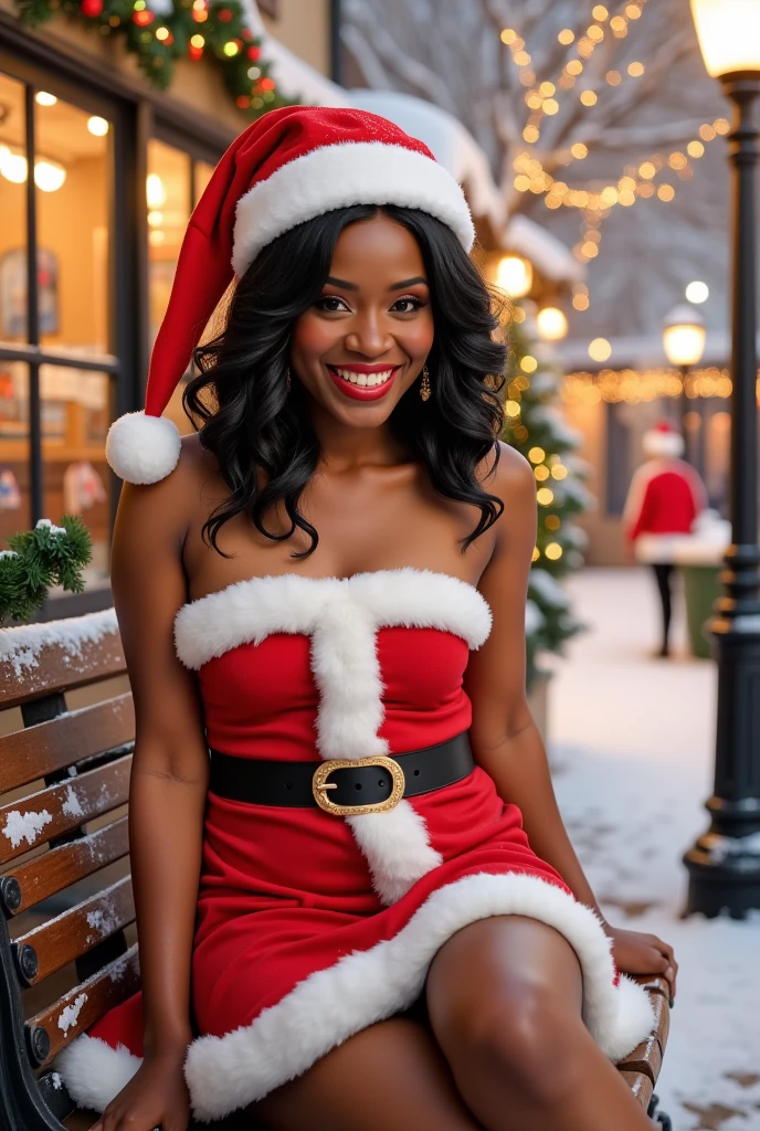 A captivatingly beautiful, 30-year-old african-american woman with a petite frame, black skin tone, and striking eyes that sparkle with joy to match her wide joyous smile. Her lush, wavy black hair cascades over her shoulders. Dressed as an unconventional yet enchanting strapless Santa Claus dress that displays her feminine frame well. Red dress that tapers down to her mid thigh, white trim appears on the top and bottom. She also wears a Santa Claus hat that has mistletoe on the side. The ensemble is cinched at the waist with a sleek black belt adorned with a gleaming golden buckle, which sits just above her hips, emphasizing her youthful figure. Semi-transparent white stockings cover her long legs, giving a light tease of the beautiful lower body. She is perched on an aged, wooden bench, a silent sentinel amidst the quaint charm of a small town bustling with the festive spirit of Christmas. The serene backdrop is adorned with a kaleidoscope of twinkling lights, snow-kissed garlands, and colorful ornaments that festoon the lamp posts and buildings, creating a warm, inviting glow that seems to embrace her.