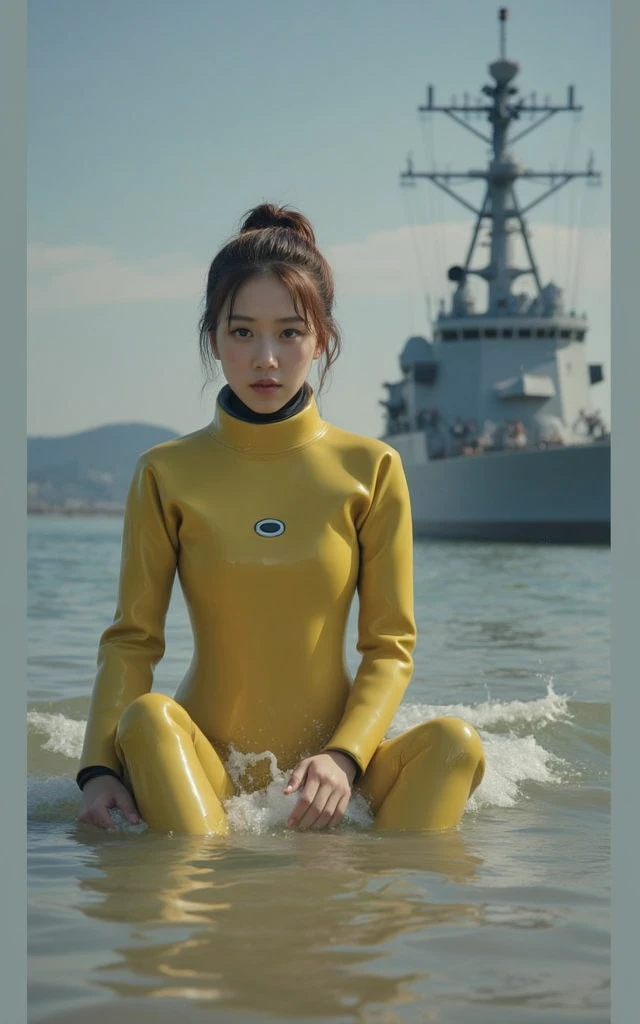 A documentary photo, Photo-realistic, ultra-realistic, (Japanese beautiful young woman, famous Japanese idol, boyish cool face:1.3), wetlook rubberish yellow clothes,, she is a military diver of Japan navy, experienced military diver, wearing a professional wetsuits for military diver with professional scuba equipment, She is on a shlre, She is preparing to scuba dive for a lifesaving mission, there is a large battle ship behind her,, Natural Makeup, boyish face ,Front View:1.21, Perfect Anatomy:1.21, Small head:1.21, Slender body:1.37, Narrow waist:1.5, Thin limbs:1.5, Flat Chest:1.5, Anatomically correct limbs, Diving Suits drysuits (high smooth turtleneck collar), Fully equipped for diving, Very cute Japanese woman, Brown Hair, Chignon Hair, woman holds oval scuba mask, Calm sea in qinter, Dynamic and emotional movie lighting, 