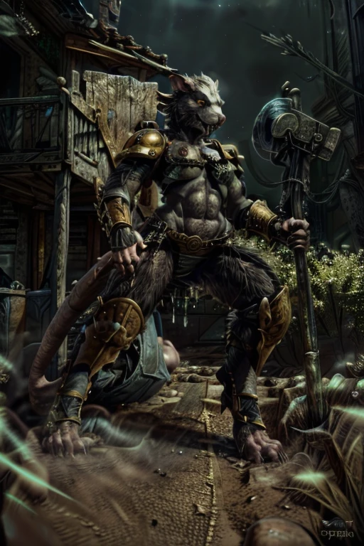 solo,anthro, rat, rodent, skaven, fluffy, safe, rat tail, hairy, warhammer fantasy, vermintide, front view, black body:1.3,masterpiece,highly detailed,8k resolution,solo,ultra detailed perfect piece,masterpiece,extremely detailed CG 8k,very fine 8K CG,best quality,absurdres,zoomed out view,full body view, full length portrait,((anthro)), 8k, 4k, 2k, detailed, intricate, (female), ((solo)), ((detailed fur)),Perfect Anatomy

Detailed background,a bright but desert likd wasteland in a battle field, in control of other skaven,zoomed out full body view,must be bright colors to see

Character a very tall Skaven female giantess standing at over 12ft tall being a towering figure being taller then a house,D cups,thick thighs,feminine massively over-muscled phyique with abs,muscular arms,muscular legs,short white hair in a bob cut,thick messy fur on the body,dark black fur only,golden yellow eyes,one one long pink rat tail,a pink nose on her snout,sharp fanged teeth on the muzzle,hands and feet being pink and rat like paws like with long and sharp claws for, she is smiling and confidently

She wears nothing but a space marine’s armor but with no helmet or gloves or boots,the armor is scavanged up and themed to fit for a skaven as a scavanged and forced to fit for a top and bottoms,the armor has an energy shield powered by the green glow of warpstone, the armor is black with the main color,red with the secondary colors, with gold and silver timmings

She has a Modified Storm Bolter in her left hand, a powerful flamethrower, and in her right hand lightning-infused blue steel axe with a blue lighting glow to it,with her armor having a green glowing rocks in it due to green rocks being embeded into the chest, stomach and shoulder armor areas

Must have black fur,as in jet black color for a pure black coat of fur,but not white fur with Space Marine themed armor

Also no watermarks at all

by personalami, by zephyxus, by darkgem, by null-ghost, skaven, MFBP1, Warhammer 40K