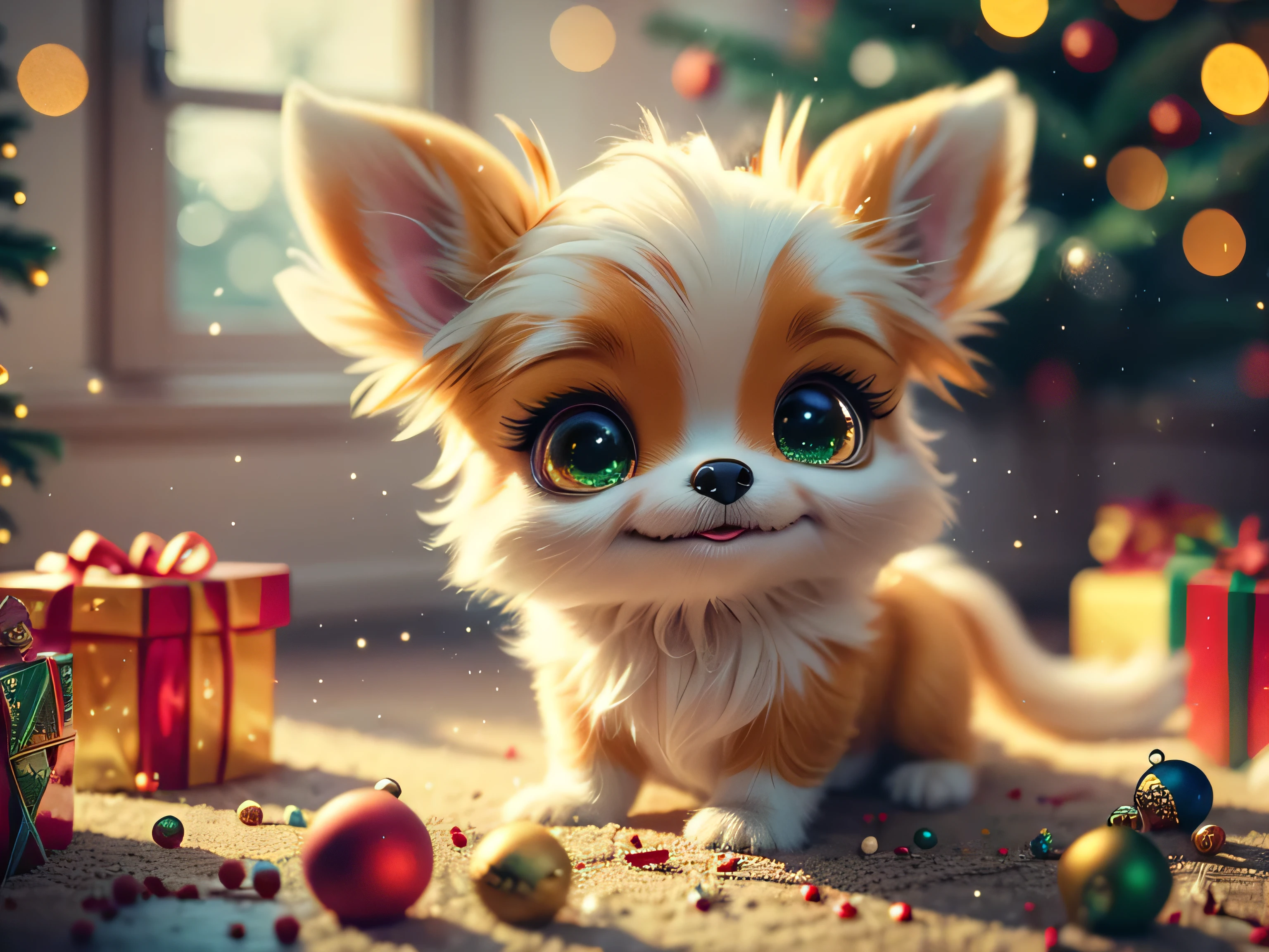 Funny Christmas meme featuring a Chihuahua puppy who has scattered all the presents under the tree. Show the puppy with big surprised eyes looking at the mess around him as if he has nothing to do with it. Add some funny text like: 'I just came to see what's inside... I'm not the one who scattered everything!' Use bright, festive colors and elements like the tree, presents, and snowflakes to create a fun, festive atmosphere. Hyperrealistic, splatter, conceptual art, medium shot, intricate detail, color depth, vibrant colors, dramatic, 2/3 field of view, side light, colorful background. Christmas lights in the background and a Christmas tree. Christmas theme, blurred background, fantasy, Gouves style artwork, Realism: 1.37, (super fine fantasy art), Masterpiece, high quality design and accurate physics, (super accurate fantasy style)) art, dark fantasy style)), super accurate design and accurate physics), color, depth of field, shadows, ray tracing, (accurate simulation of the interaction of light and materials)], intricate Christmas decorations, glowing garlands, sparkling ornaments, natural light, soft background, photorealistic, sparkling eyes, sharp focus, glowing skin, cute and mischievous look, hint of mischief, dreamy atmosphere, super glossy effect, fine details, soft ambient light, (Backlight: 1.3), (Cinematic: 1.2), intricate details, (ArtStation: 1.3)