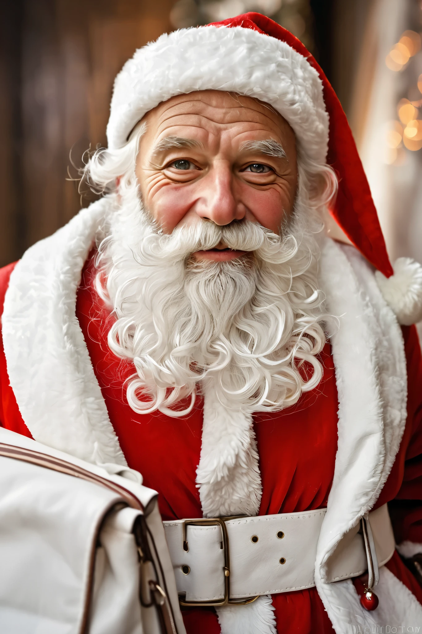  A detailed portrait of a realistic Santa Claus ,  with a gentle and expressive face , wrinkled skin,  shining eyes and a long white beard .  He is wearing a vibrant red coat white leather details,  decorated with a brown leather belt .  The classic red hat is slightly tilted ,  with a white pompom .  His expression transmits warmth and joy ,  as he holds a bag full of presents . The background is simple and blurred,  highlighting the details of Santa Claus , like the wrinkles ,  the texture of the fabric and the sparkle in the eyes 