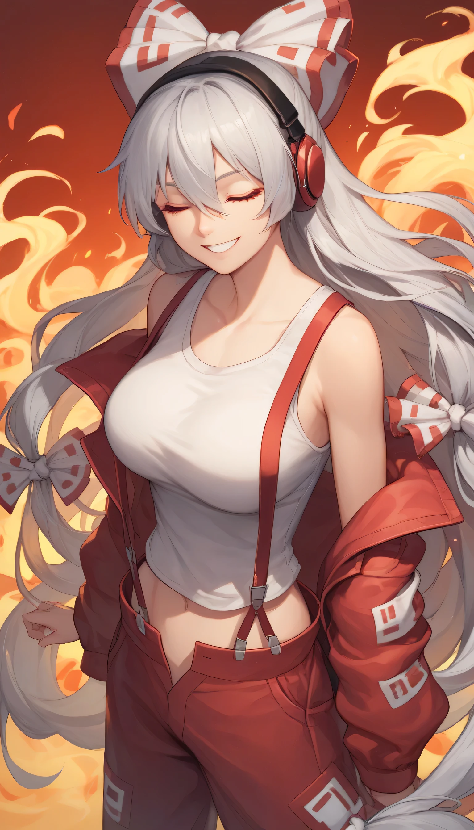 1girl, solo, closed_eyes, headphones, tada_riina, , , , , tank_top, smile, jacket, clothes_writing, upper_body, , off_shoulder, midriff, bare_shoulders, Flames in all bodies, flames in hands,zzMokou, red eyes, hair between eyes, grey hair, hair bow, hair ribbon, long hair, very long hair, white hair, bow, suspenders, white shirt, shirt, long sleeves, pants, white bow, red pants, collared shirt,Flame background, fire background, large breast,