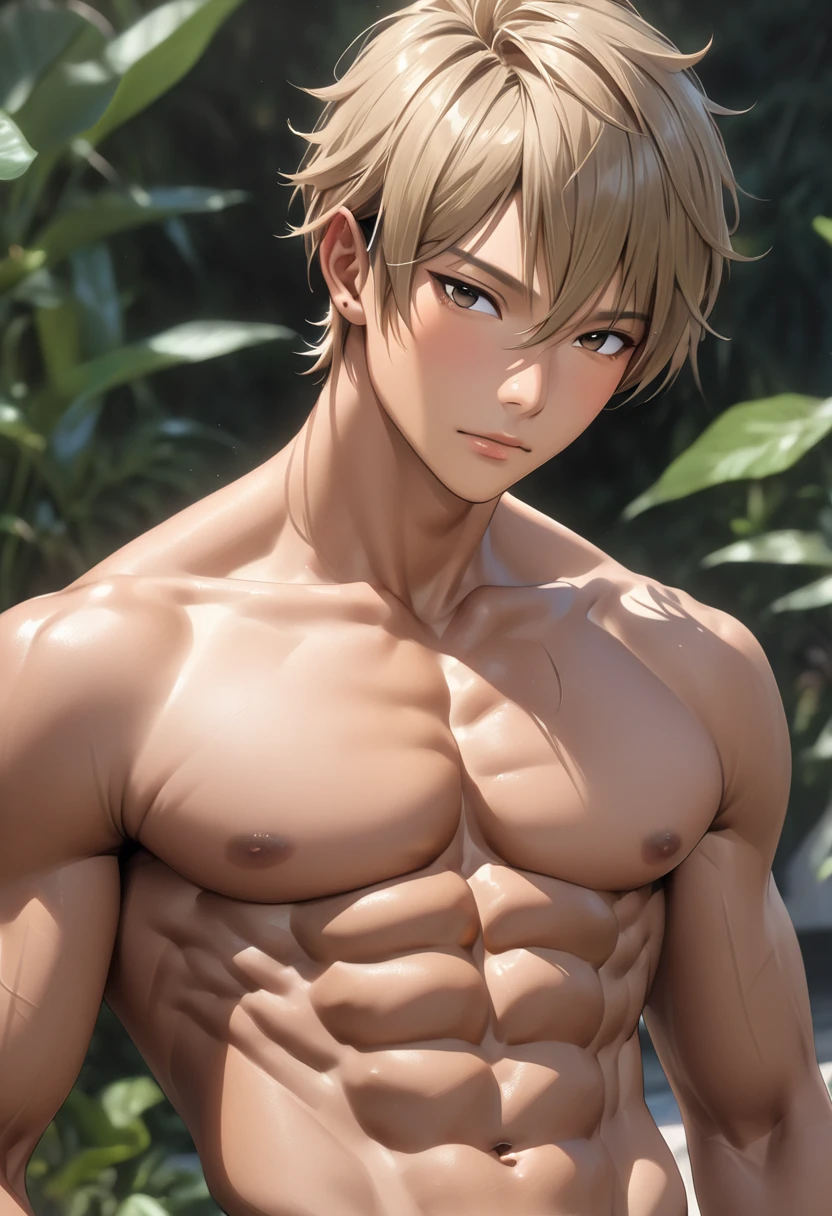 (best quality), realistic, lily, garden, 15 year old Japanese idol boy, (abs), black short hair, tanned dark skin, (detailed brown eyes), (smile:0.8), white tiny thong, bulge,