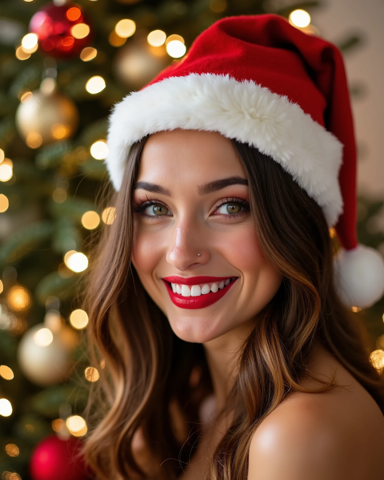 Close up Portrait of a beautiful 20 yo woman, she Is wearing a santa claus hat, wearing nothing, in the background the is a Christmas tree, vibrant smile, naked tits, red lipstick, she has Christmas makeup, cinematic, high contrast, Christmas lights ,naked,fully naked,fully naked