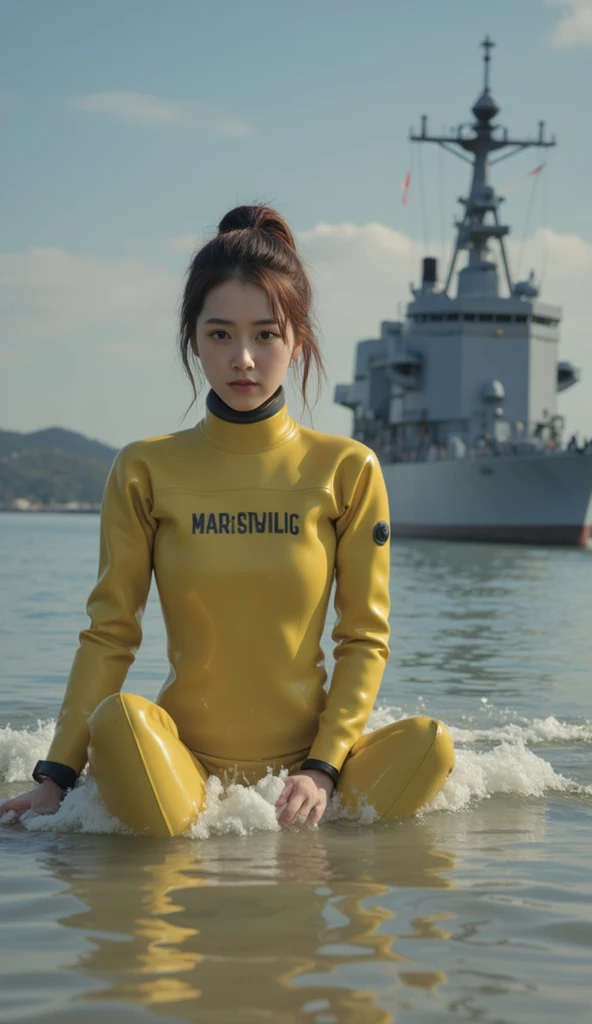 A documentary photo, Photo-realistic, ultra-realistic, (Japanese beautiful young woman, famous Japanese idol, boyish cool face:1.3), wetlook rubberish yellow clothes,, she is a military diver of Japan navy, experienced military diver, wearing a professional wetsuits for military diver with professional scuba equipment, She is on a shlre, She is preparing to scuba dive for a lifesaving mission, there is a large battle ship behind her,, Natural Makeup, boyish face ,Front View:1.21, Perfect Anatomy:1.21, Small head:1.21, Slender body:1.37, Narrow waist:1.5, Thin limbs:1.5, Flat Chest:1.5, Anatomically correct limbs, Diving Suits drysuits (high smooth turtleneck collar), Fully equipped for diving, Very cute Japanese woman, Brown Hair, Chignon Hair, woman holds oval scuba mask, Calm sea in qinter, Dynamic and emotional movie lighting, 