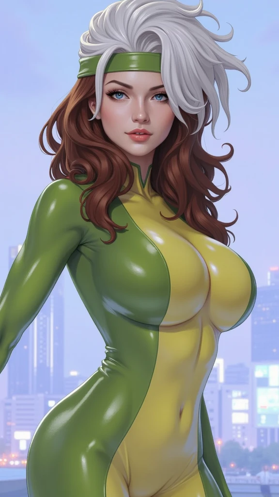 (  masterpiece ,  realistic , perfect,  photograph ,  high resolution and definition )  X-Men Rogue in a sensual and erotic pose,  tight suit, nice image detail ,  Beautiful legs ,  detailed face, light eyes,  beautiful butt ,  slender and detailed body ,  big breasts. Brown hair with a tuft of white hair on the top,  long loose hair .  Great detail of the background and environment . in the city at night .