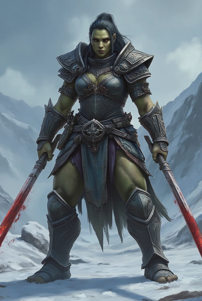 score_9, score_8_up, score_7_up, wotr_portrait, 1woman, in the spotlight female warrior, orc, in armor, outside, snow, excellent, blood on weapons, realistic,weapons in hand,