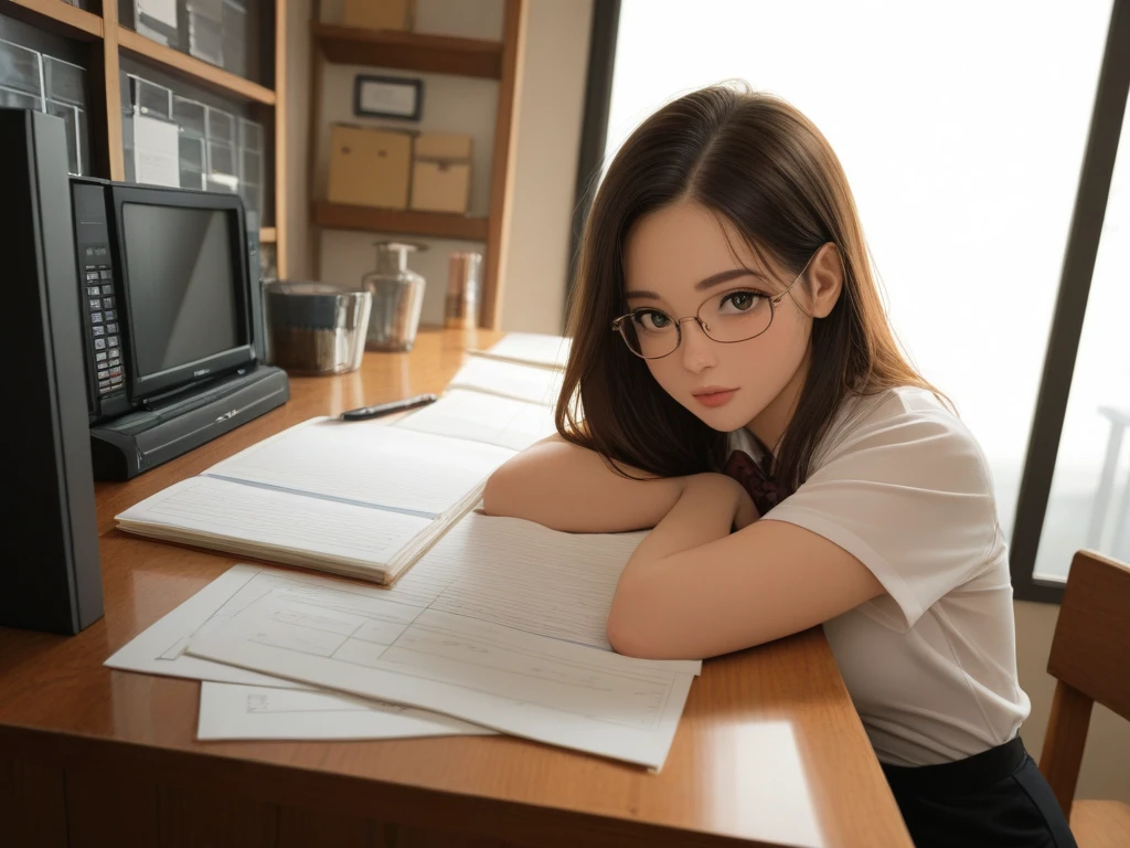  a female accountant on the left side, showing that she is the best accountant , , likewise in the background that contains calculators, sheets, a counter related to the career of an accountant and on the right side a writing that says (Here she takes the best accountant in the world )