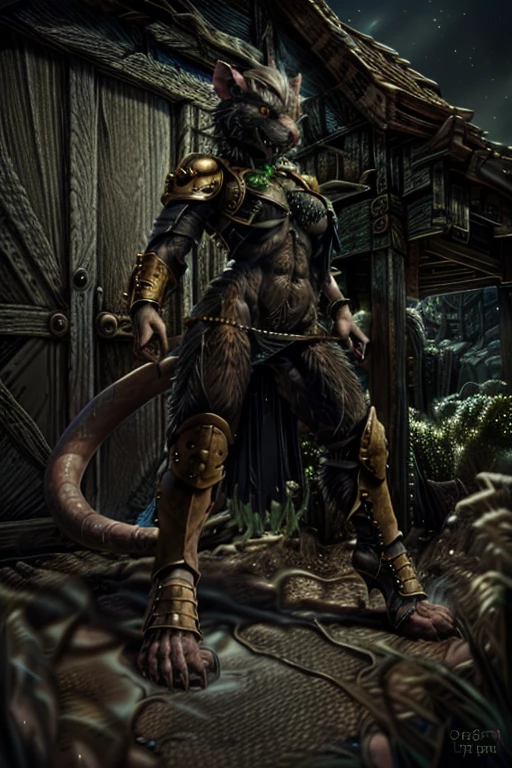 solo,anthro, rat, rodent, skaven, fluffy, safe, rat tail, hairy, warhammer fantasy, vermintide, front view, black body:1.3,masterpiece,highly detailed,8k resolution,solo,ultra detailed perfect piece,masterpiece,extremely detailed CG 8k,very fine 8K CG,best quality,absurdres,zoomed out view,full body view, full length portrait,((anthro)), 8k, 4k, 2k, detailed, intricate, (female), ((solo)), ((detailed fur)),Perfect Anatomy

Detailed background,a bright but desert likd wasteland in a battle field, in control of other skaven,zoomed out full body view,must be bright colors to see

Character a very tall Skaven female giantess standing at over 12ft tall being a towering figure being taller then a house,D cups,thick thighs,feminine massively over-muscled phyique with abs,muscular arms,muscular legs,short white hair in a bob cut,thick messy fur on the body,dark black fur only,golden yellow eyes,one one long pink rat tail,a pink nose on her snout,sharp fanged teeth on the muzzle,hands and feet being pink and rat like paws like with long and sharp claws for, she is smiling and confidently

She wears nothing but a space marine’s armor but with no helmet or gloves or boots,the armor is scavanged up and themed to fit for a skaven as a scavanged and forced to fit for a top and bottoms,the armor has an energy shield powered by the green glow of warpstone, the armor is black with the main color,red with the secondary colors, with gold and silver timmings

She has a Modified Storm Bolter in her left hand, a powerful flamethrower, and in her right hand lightning-infused blue steel axe with a blue lighting glow to it,with her armor having a green glowing rocks in it due to green rocks being embeded into the chest, stomach and shoulder armor areas

Must have black fur,as in jet black color for a pure black coat of fur,but not white fur with Space Marine themed armor

Also no watermarks at all

by personalami, by zephyxus, by darkgem, by null-ghost, skaven, MFBP1, Warhammer 40K