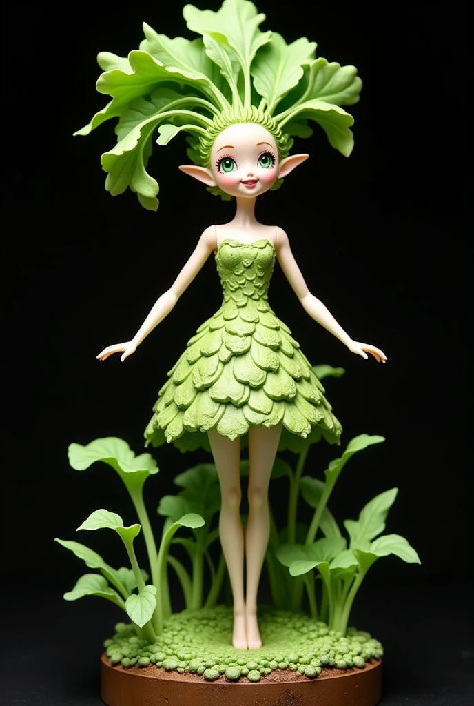 Product image, PVC Barbie doll with radish lady style\(daikon lady, slender, green eyes, pointy ears, green leaves long hair, smile, wearing daikon dress\), (simple background, Black background color)