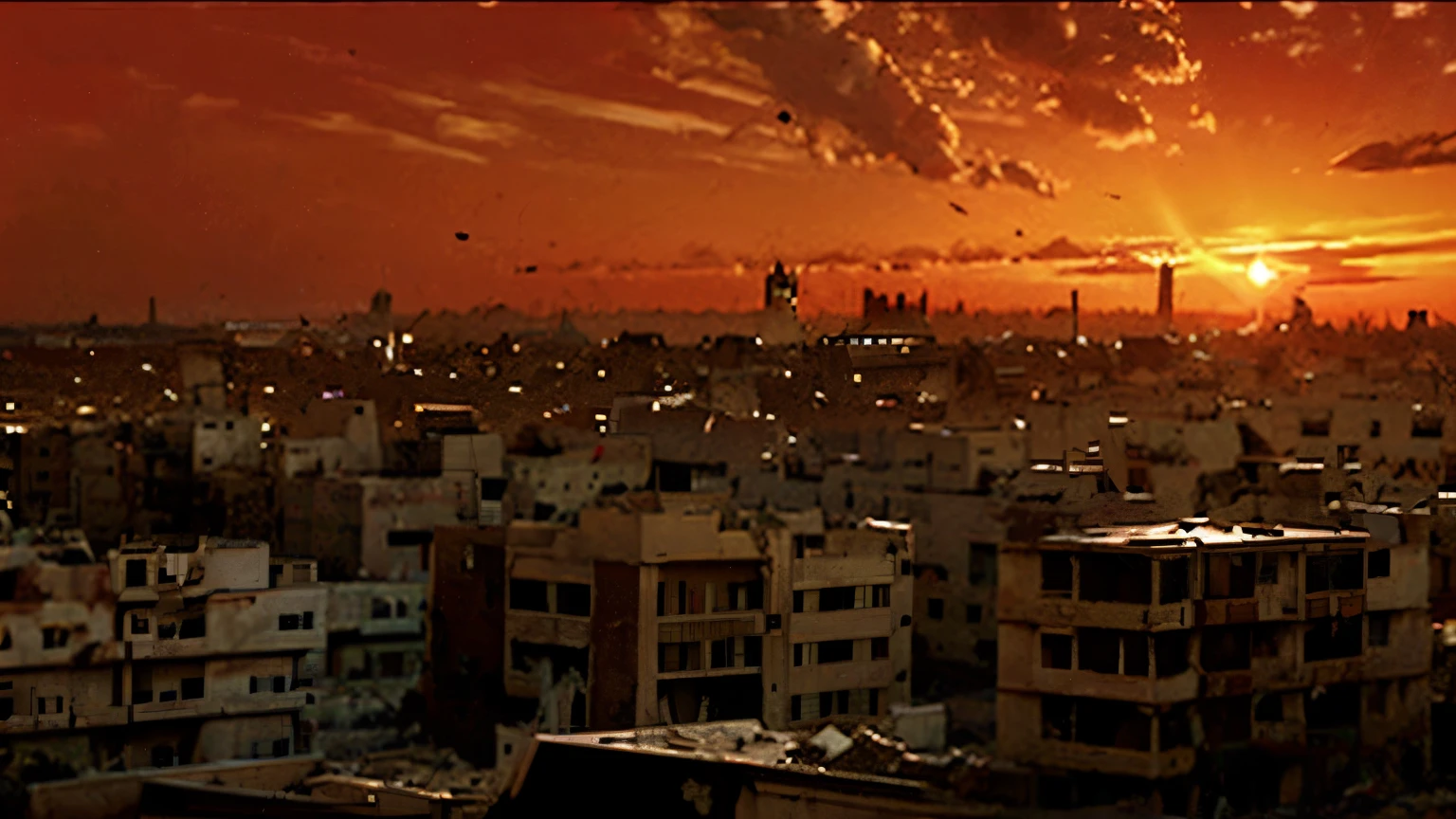 Gaza in ruins, complete destruction, no humans, red sky, hellish colors