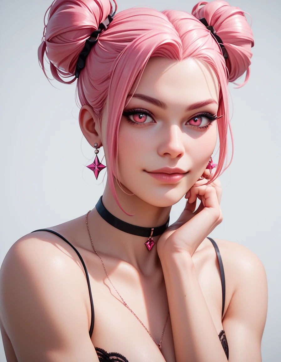 HazeSW, double bun, pink hair, pink eyes, sexy posing