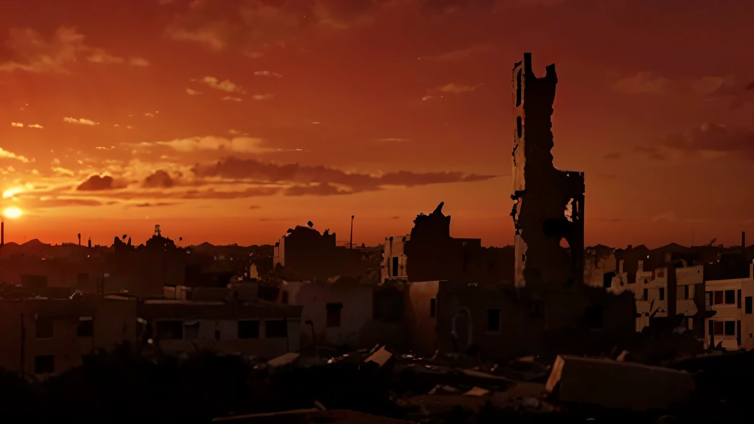 Gaza in ruins, complete destruction, no humans, bloody red sky, hellish colors, silhoette of a demonic female face in the distance, 4k, 8k, best quality, realistic