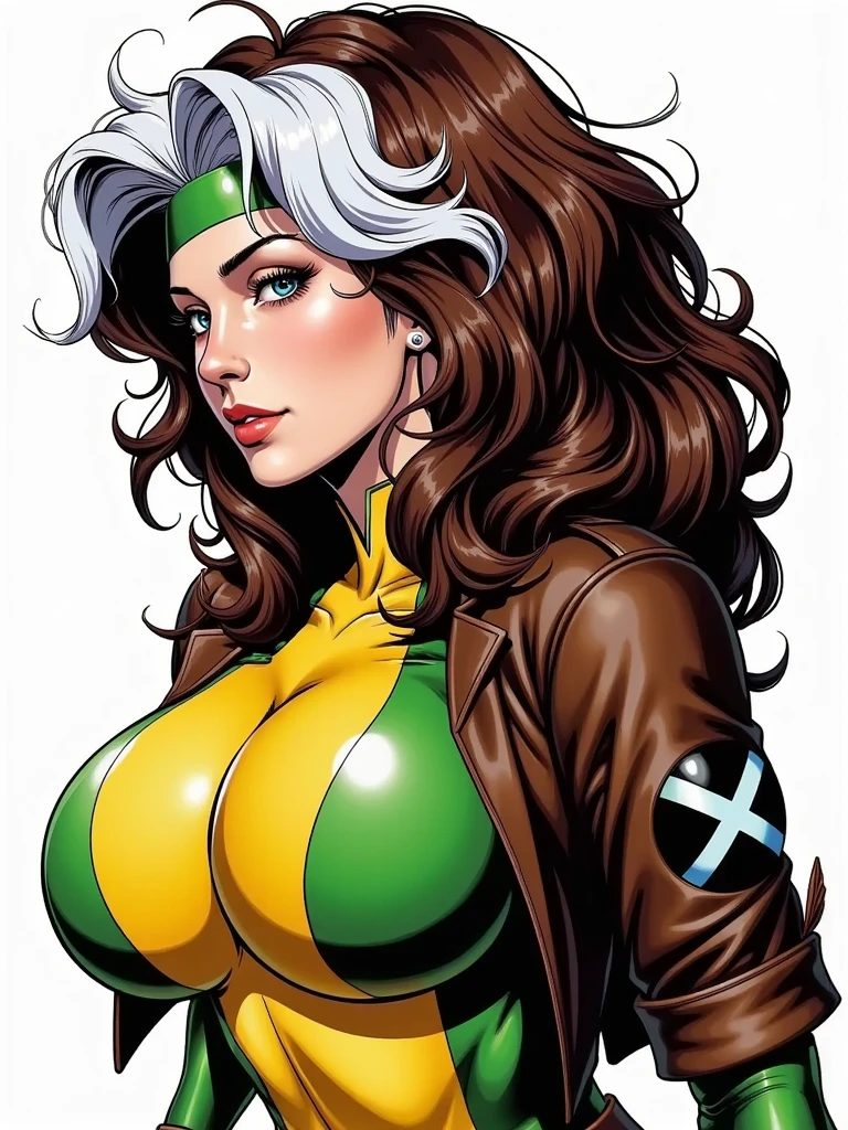 (  masterpiece ,  realistic , perfect,  photograph ,  high resolution and definition )  X-Men Rogue in a sensual and erotic pose,  tight suit, nice image detail ,  Beautiful legs ,  detailed face, light eyes,  beautiful butt ,  slender and detailed body ,  big breasts. Brown hair with a tuft of white hair on the top,  long loose hair .  Great detail of the background and environment . in the city at night .